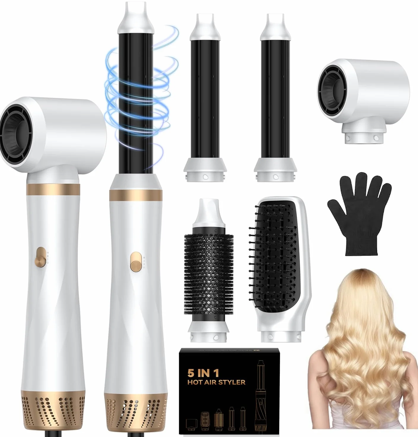 Airstyler 5 w 1, 1000 W, lokówka do włosów, szczotka do włosów z ciepłym powietrzem, okrągła suszarka do włosów, lokówka, prostownica do włosów, 3 temperatury do stylizacji włosów, wygładzania