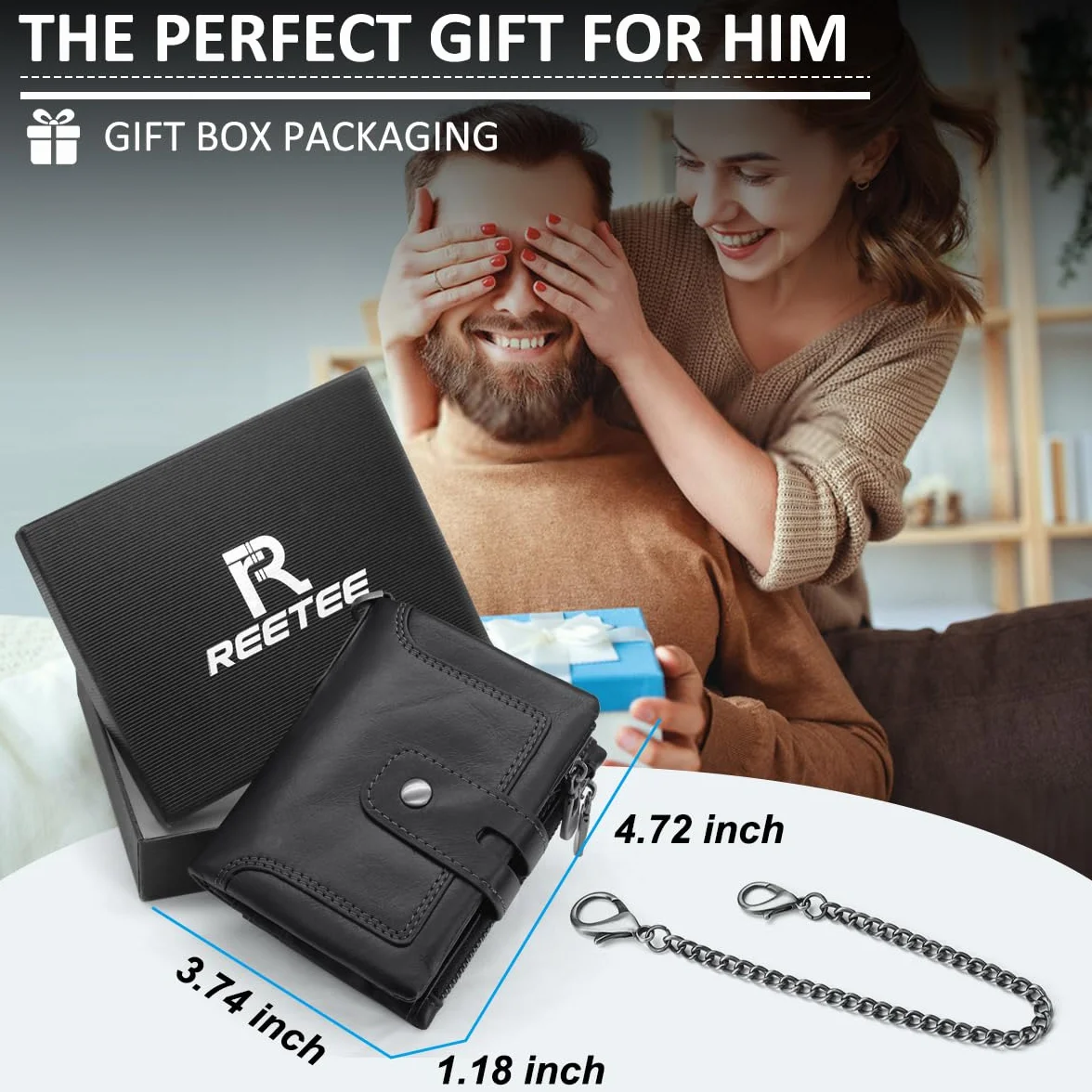 REETEE Męski skórzany portfel blokujący RFID męski portfel 16 miejsc na karty zamek kieszeń na monety z łańcuszkiem klasyczna torebka, czarny i srebrny, 9.5 cm x 12 cm x 2.5 cm, RFID