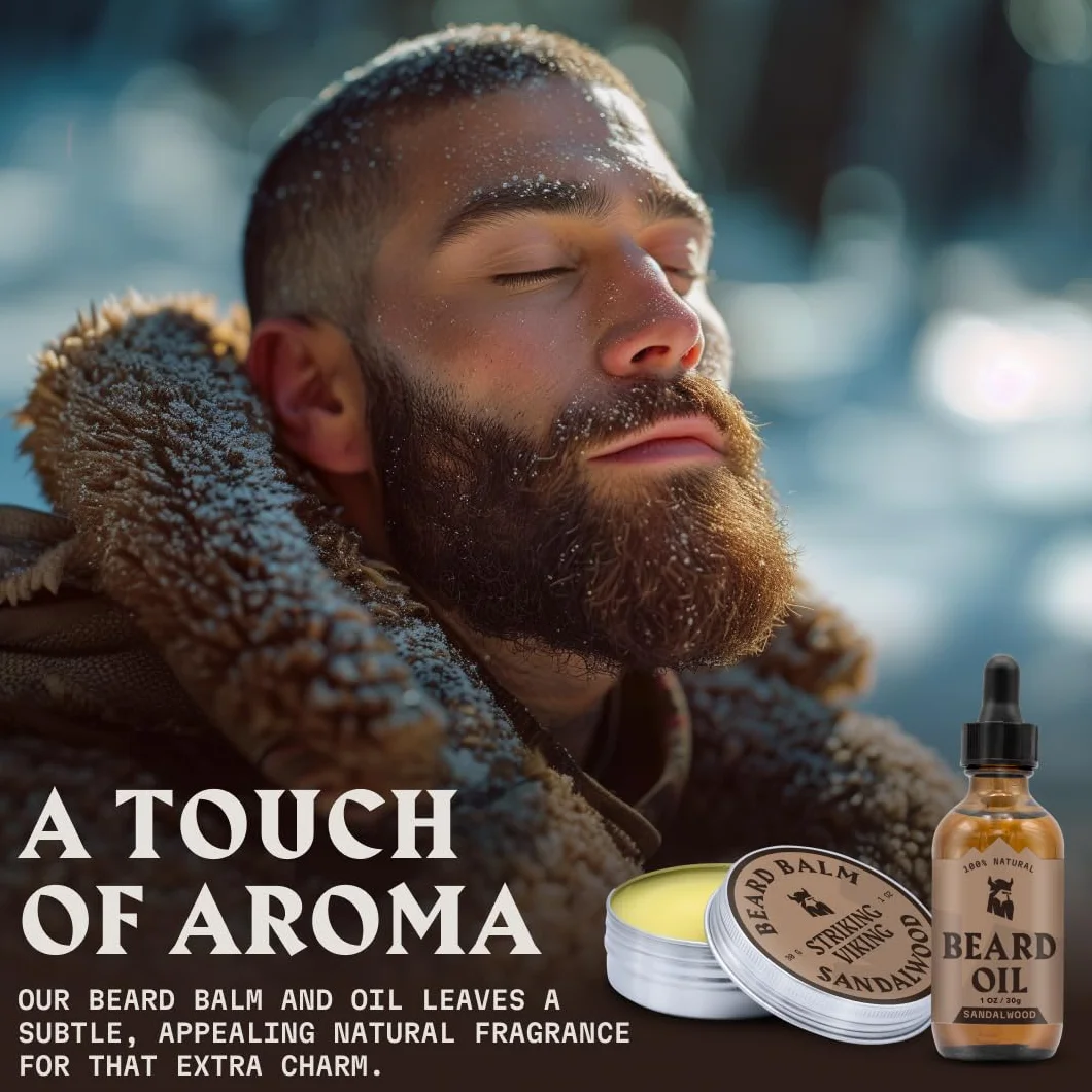 Striking Viking Męski olejek do brody i balsam - zestaw do wzrostu brody - balsam i odżywka wzbogacona olejem arganowym i jojoba - zapach drzewa sandałowego
