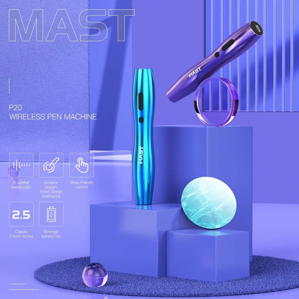 Mast P20 Wireless Tattoo Pen 2.5mm Stroke Rotary Machine for Eyebrow Eyeliner Lip (2 batteries)