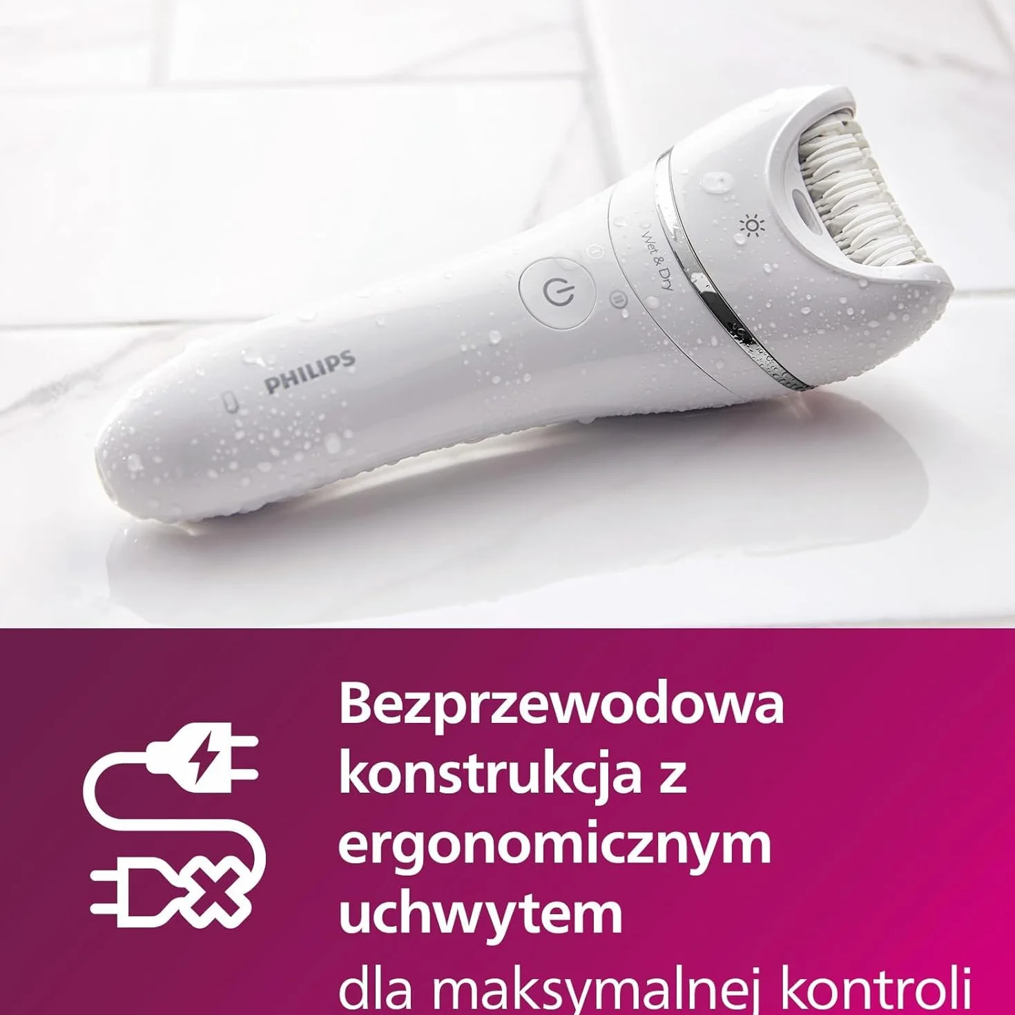 Philips Depilator z serii 8000, bezprzewodowy depilator na mokro i na sucho do nóg i ciała, z 6 akcesoriami, trymerem i szczoteczką złuszczającą, model BRE715/00
