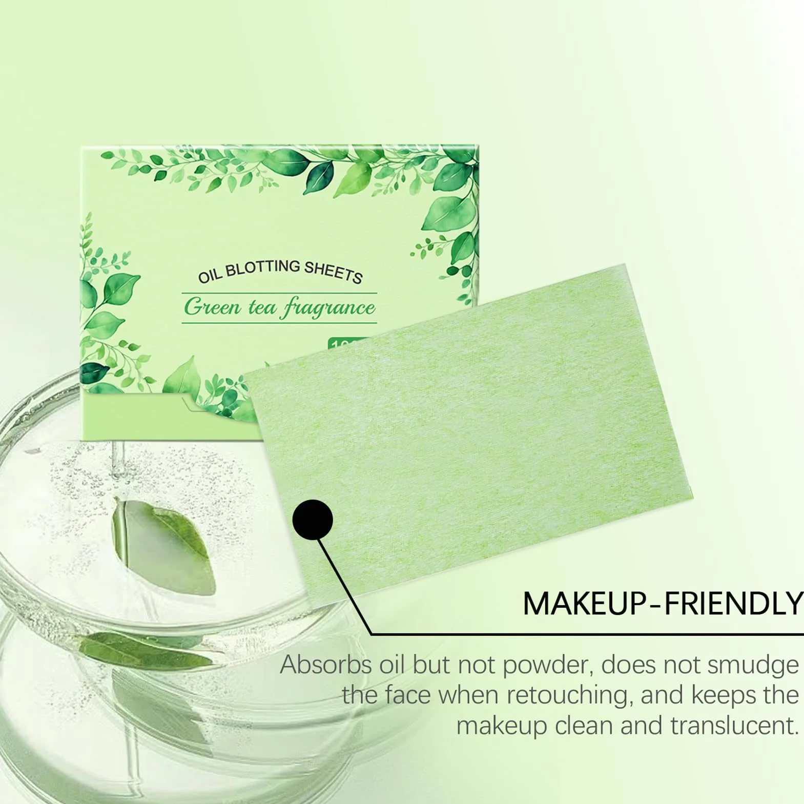 Oil Blotting Sheets, Face Absorbing Paper, Shine Makeup Friendly Pads, Gentle Non-Sticky Texture, 100 Count Wipes, Ideal for Freshening, Oily Skin Control, Green