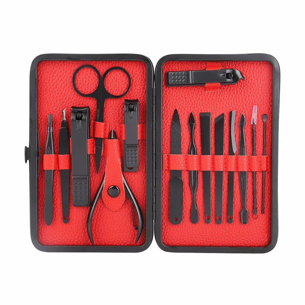 Manicure Pedicure Kit Professional Nail Clippers Set Stainless Steel 15Pcs Black PU Leather Case Red