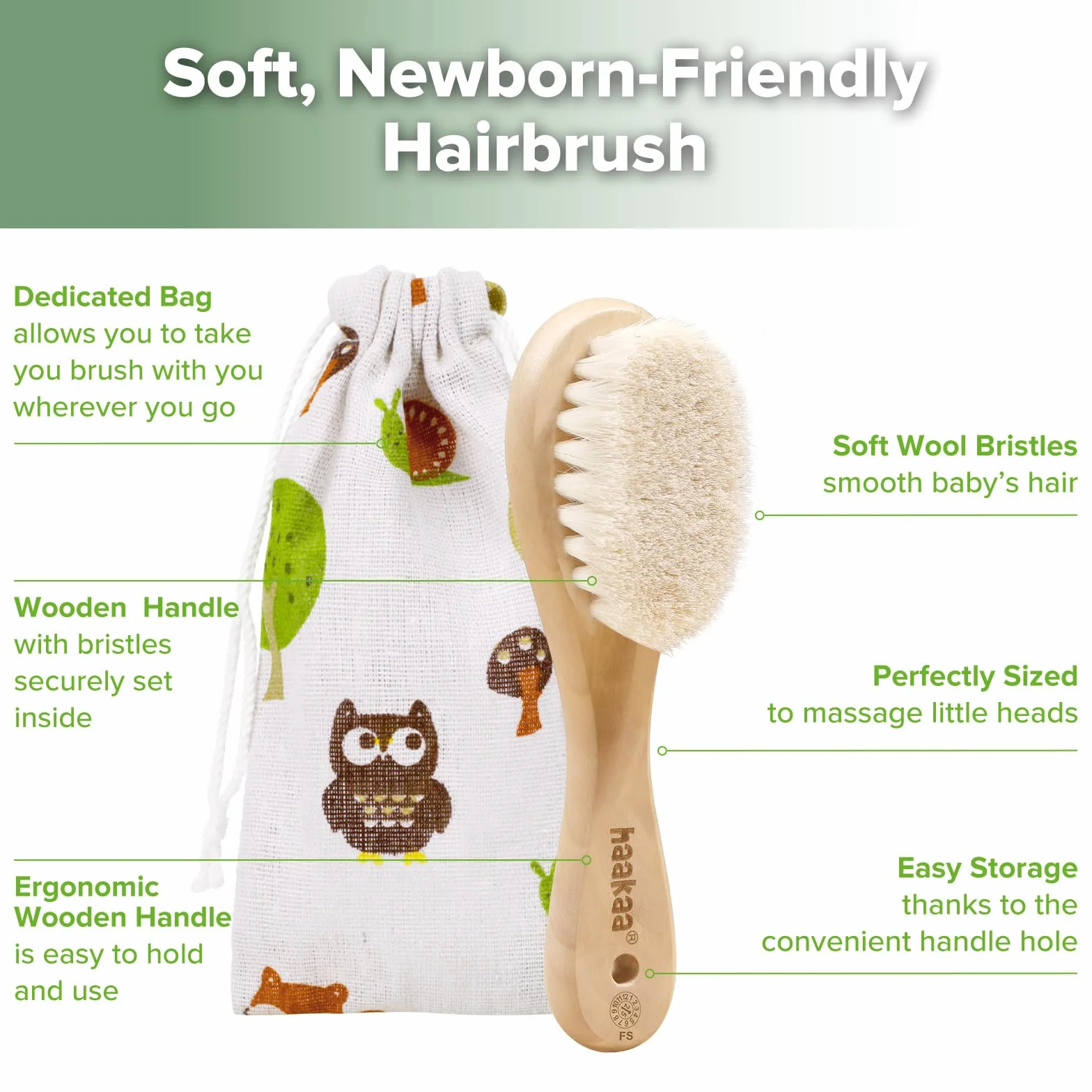 Haakaa - Spazzola per capelli in legno per neonati e bambini, setole naturali di capra, ideale per culla, regalo perfetto per il registro dei bambini, con custodia per il trasporto, 1 pezzo