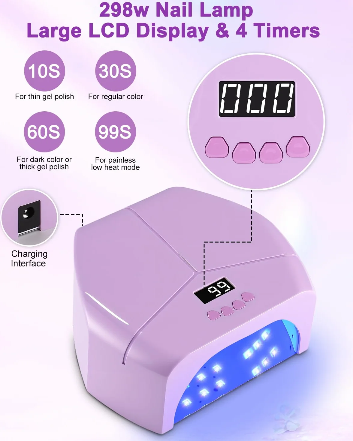 298W LED UV Lampe nägel, UV Lampe für Gelnägel, Nagel Lampe mit 4 Timern, LCD-Display, Sensor, Abnehmbarer Basis, Nageltrockner, LED Nagellampe für Shellac Nägel, Lila