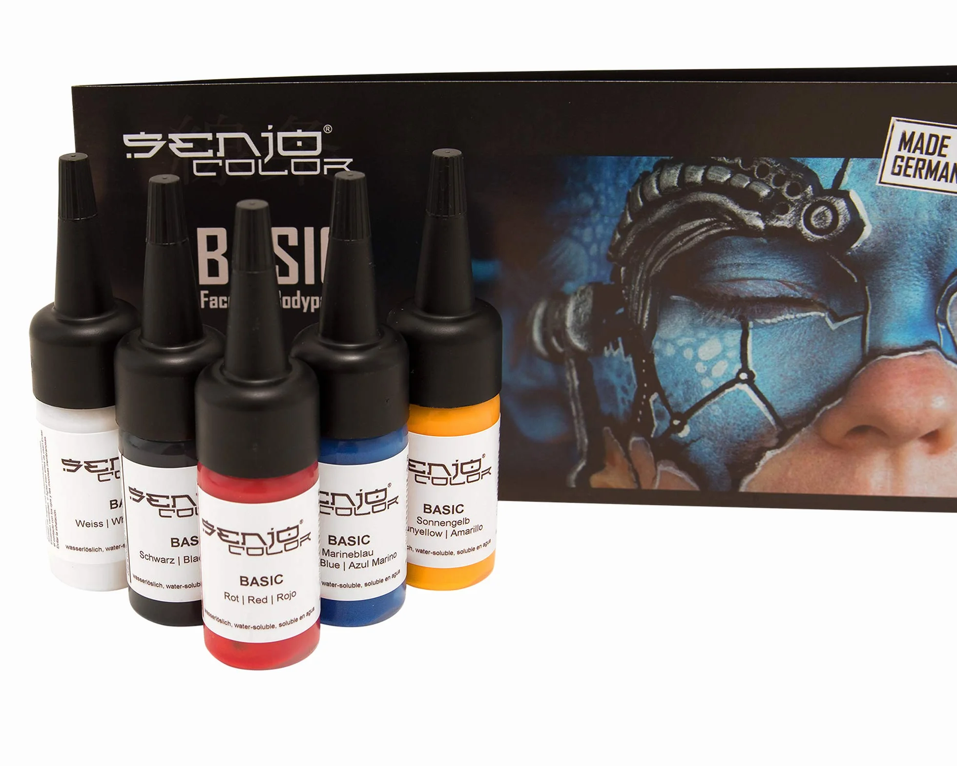 Senjo Color Airbrush zestaw farb do twarzy i ciała, testowany dermatologicznie, 5 x 15 ml, czarny, biały, czerwony, żółty, niebieski