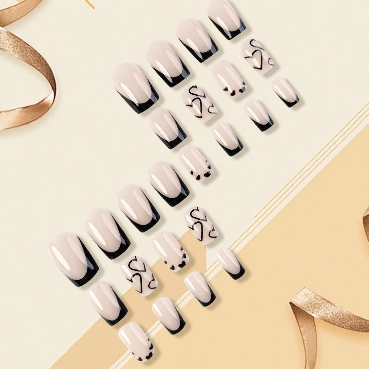 24 sztuki French Tip Press on Nails krótkie kwadratowe sztuczne paznokcie krótkie, czarne, akrylowe paznokcie z białym sercem, do naklejania, Fake Nails Soft Gel Extra Short naturalne i przyjemne