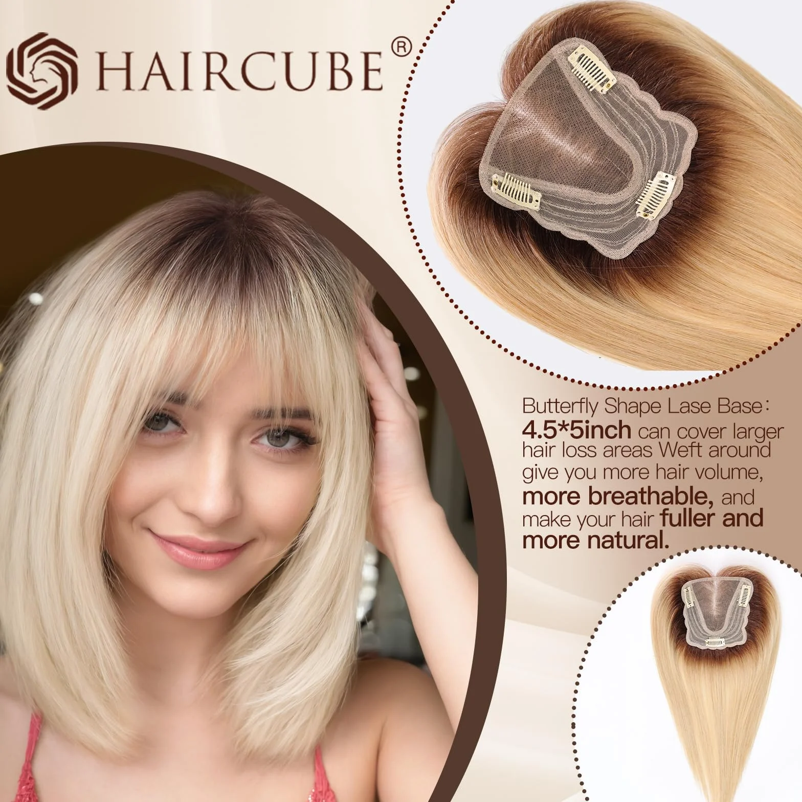 HAIRCUBE Topper do włosów dla kobiet, górne części włosów, 100% prawdziwe ludzkie włosy z grzywką, topper na ludzkie włosy ze szwajcarską koronką, ręcznie wiązane włosy do rzednących/cienkich włosów