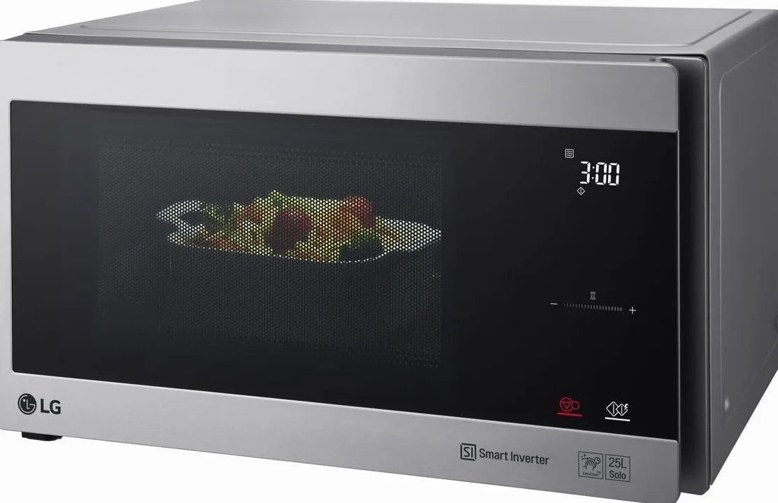 LG MS2595CIS kuchenka mikrofalowa z technologią Smart Inverter, pojemność 25 l, 1000 W, automatyczne programy, regulowane poziomy mocy i funkcja EasyClean, srebrna