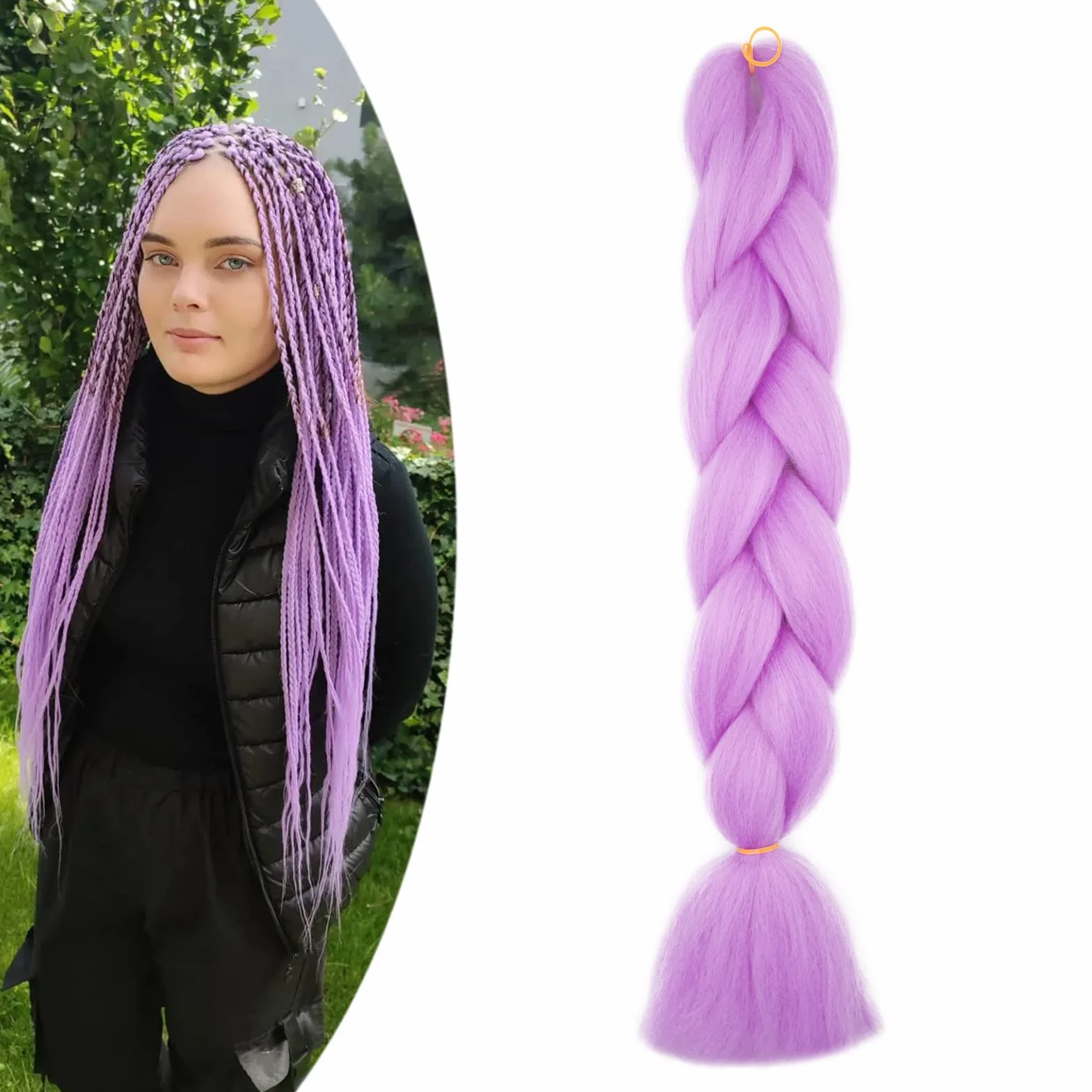 Warkocze do zaplatania włosów, do zaplatania, 1 pasemko, 100 g, 61 cm, ombre, kolorowe, syntetyczne włosy, do warkoczy, miękkie warkocze, szydełkowane skręty, jasnofioletowe