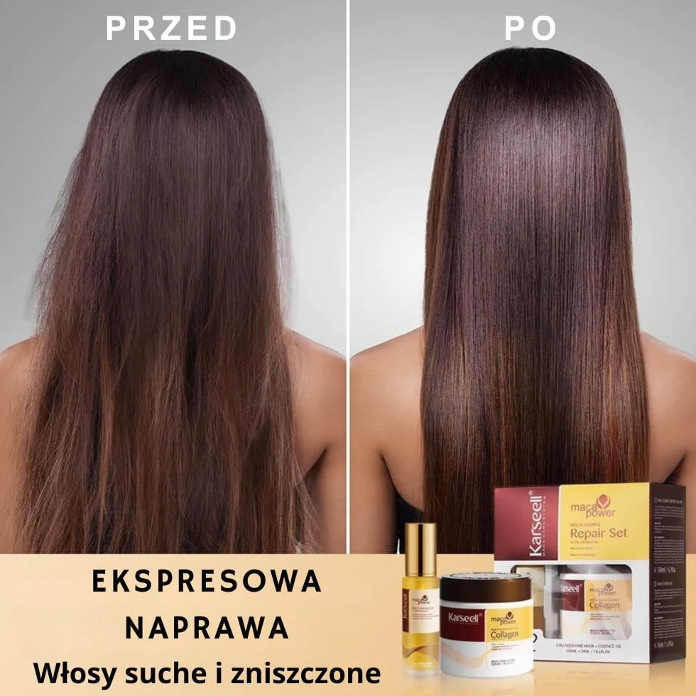 Karseell MACA CARE SYSTEM Maska Kolagenowa Serum Olejek Arganowy Włosy Suche Zniszczone Farbowane Puszące Nawilżenie Blask Regeneracja Wzmocnienie Do Wszystkich Rodzajów Włosów 500ml+50ml