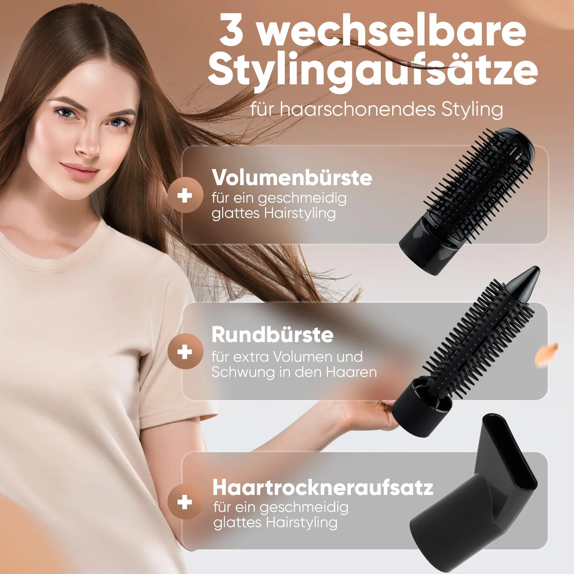Suszarka do włosów Bomann z 3 nasadkami, Do włosów o dowolnej długości, Szczotka do suszenia włosów z zimnym nadmuchem dla utrwalenia fryzury, 2 prędkości,