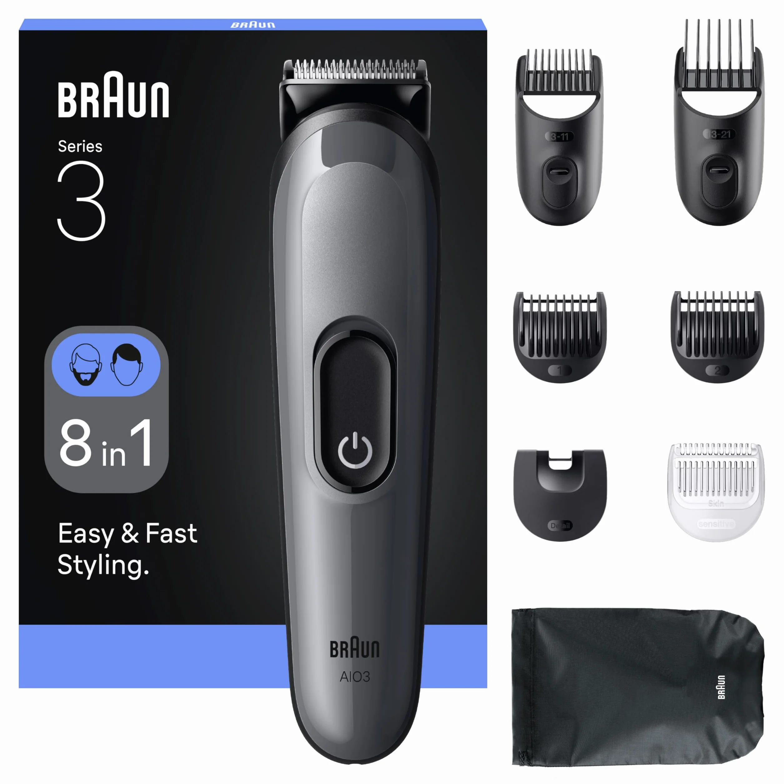 Braun Series 3 Wielofunkcyjny zestaw do pielęgnacji ciała, 8 w 1, niezwykle ostre ostrze, 14 ustawień długości, zarostu i włosów, 50-minutowy czas działania, łatwa i szybka stylizacja, AIO3540, szary