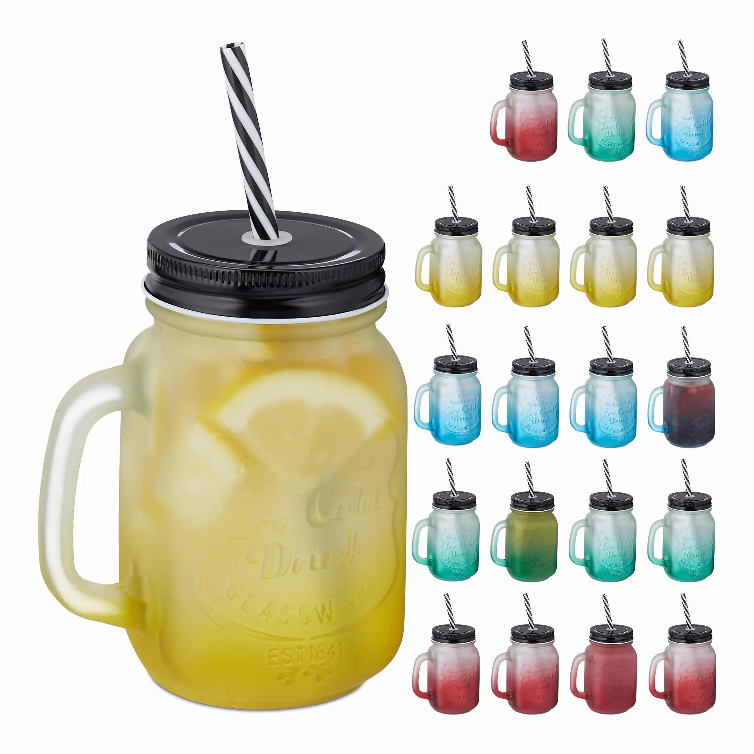 Relaxdays Szklanki do picia z pokrywką i słomką, zestaw 20 sztuk, 400 ml, matowe kieliszki letnie z uchwytem, kolorowe/czarne