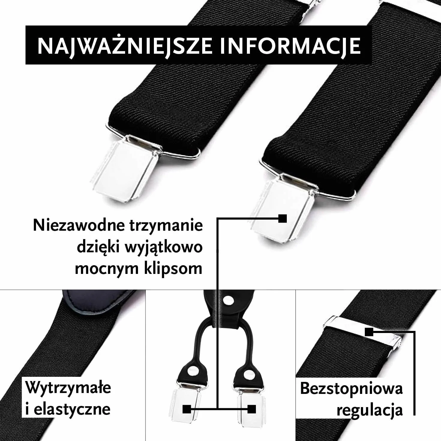 Szelki szerokość 3,5 cm – 4 klipsy ze skórą krój Y – elastyczne i regulowane różne wzory