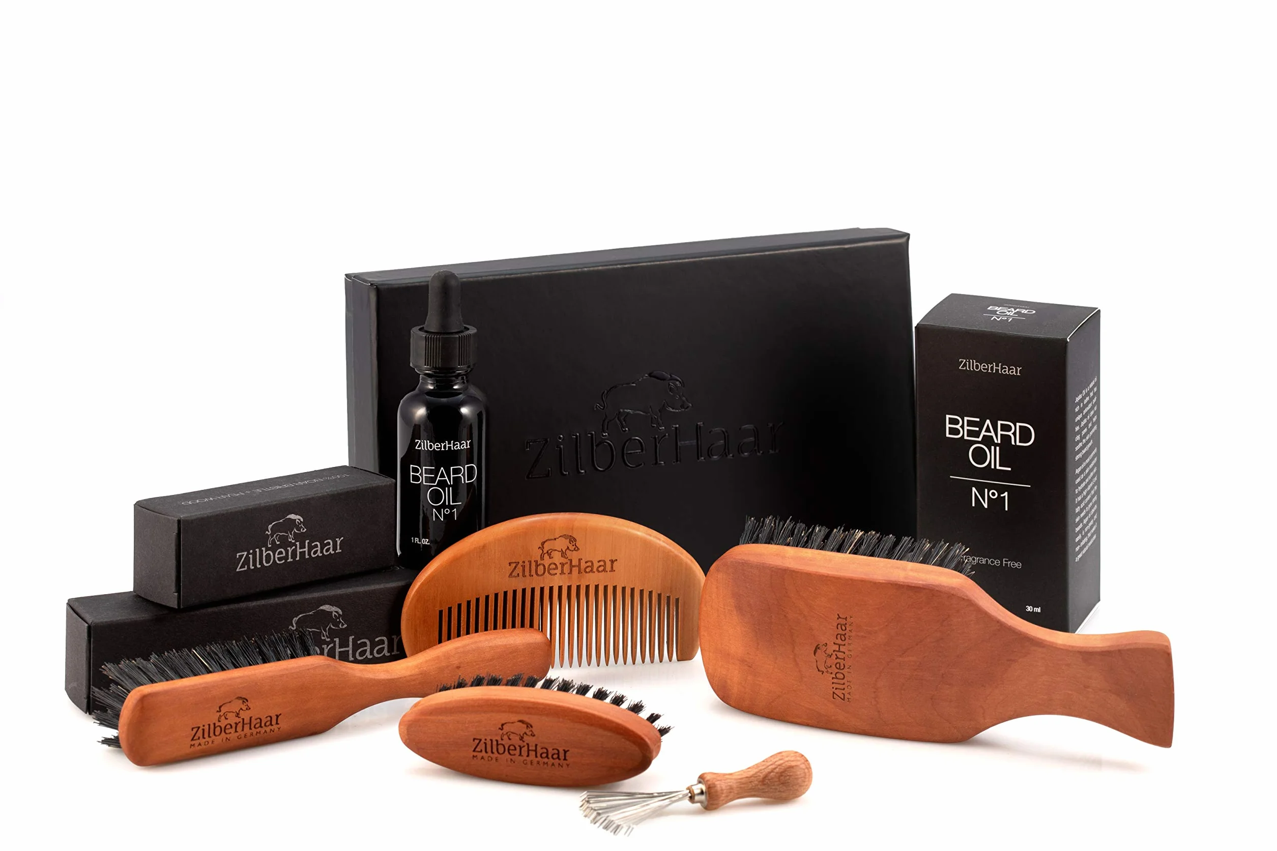ZilberHaar Bartbürsten-Set mit steifen Borsten - Original-Bartbürste - Taschen-Bartbürste - inkl. Bartbürsten-Reinigungswerkzeug