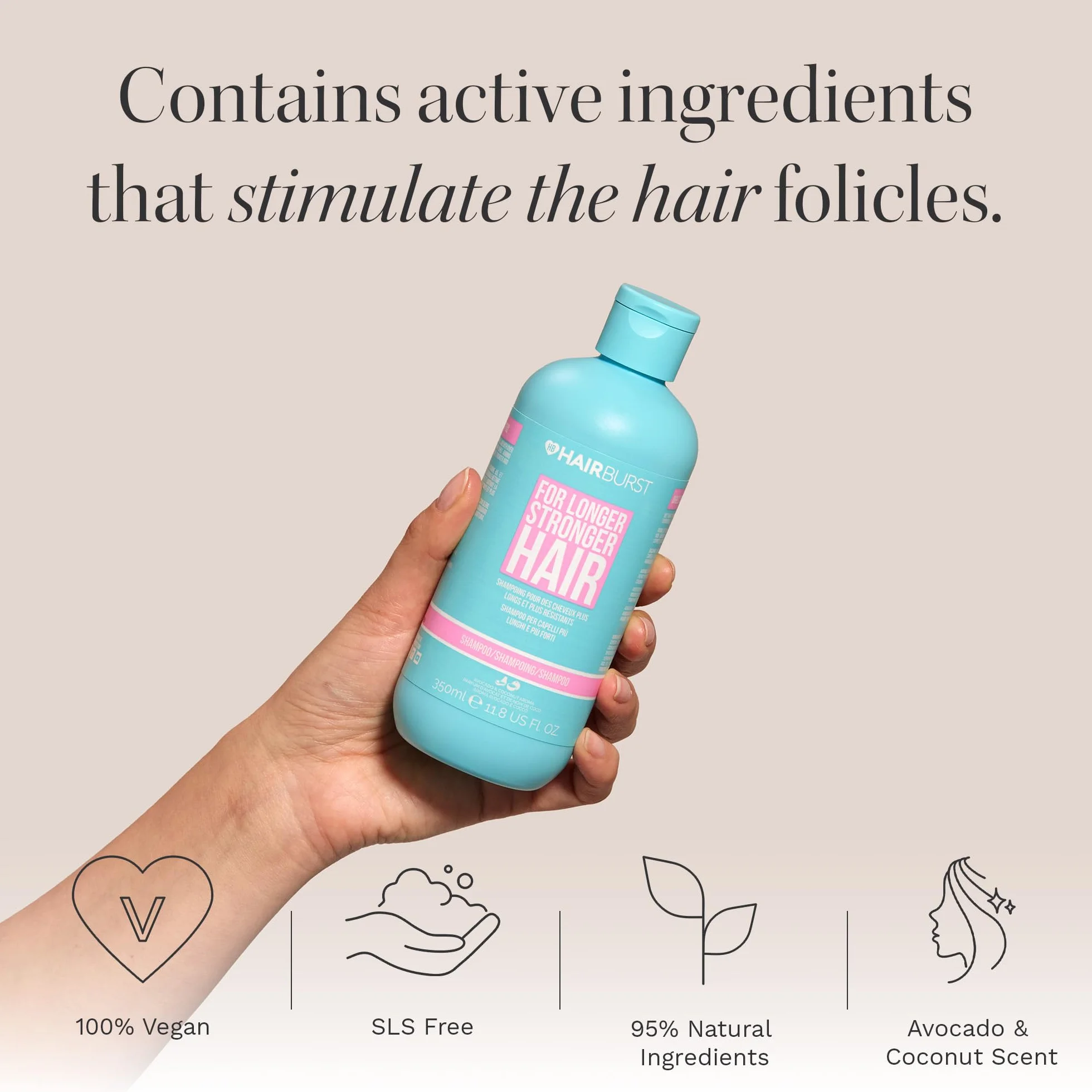 HAIR BURST Szampon na porost włosów 350 ml Redukuje wypadanie włosów SLS i parabenów Aromat kokosa i awokado