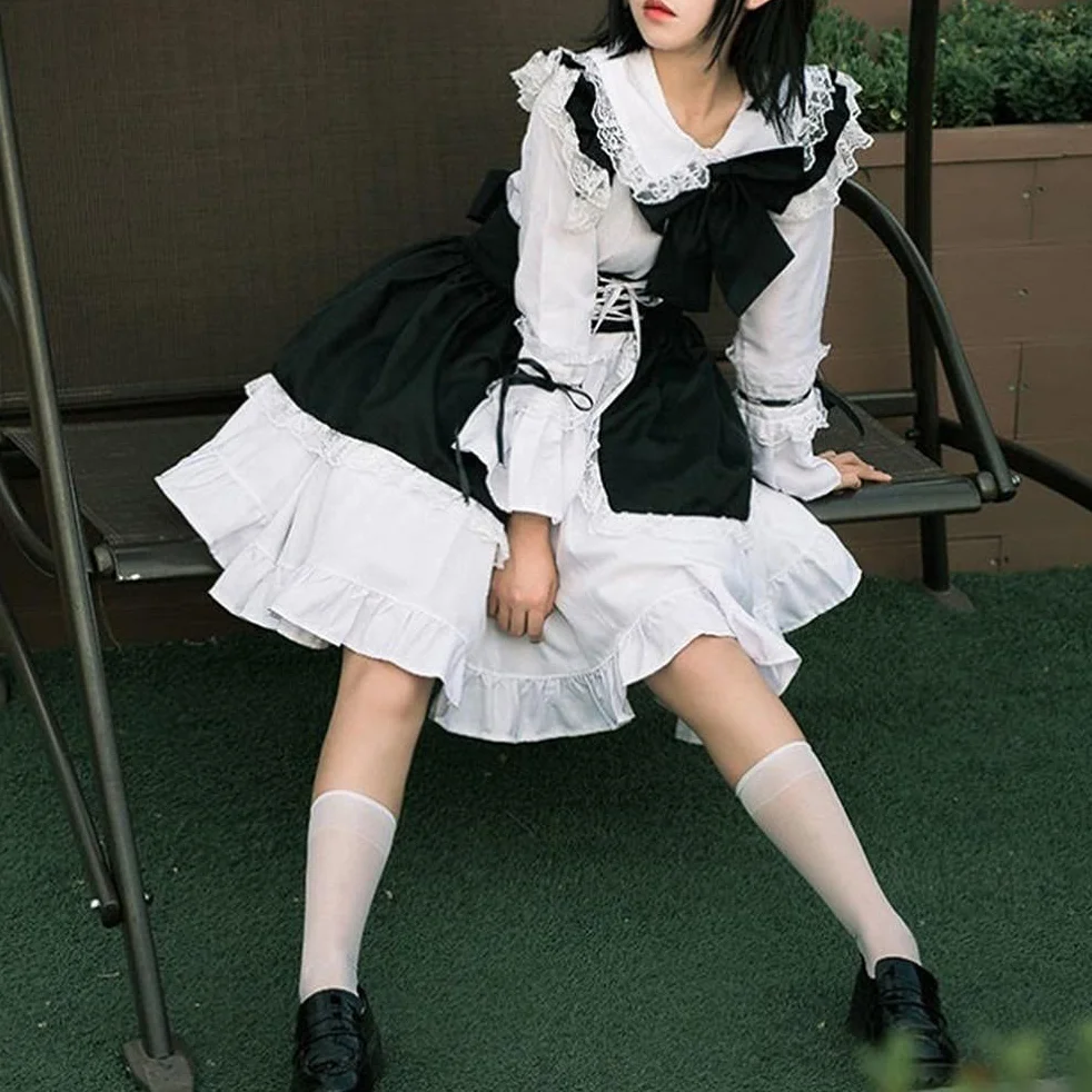 Damski strój pokojówki anime długa sukienka czarno-biały fartuch sukienka cosplay kostium na cztery pory roku