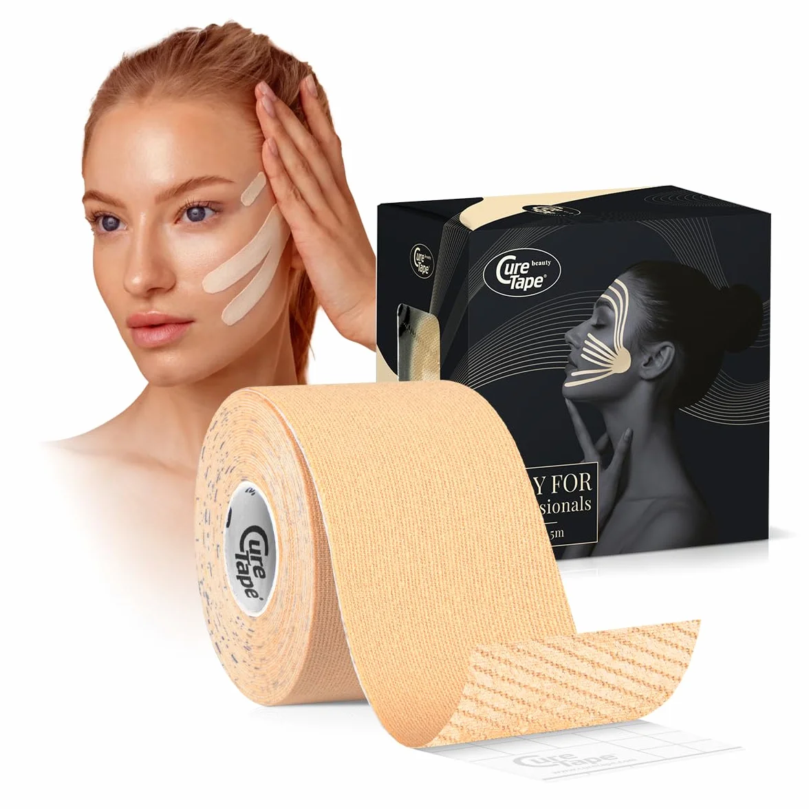 CureTape Taśma kinezjologiczna Beauty – naturalne lifting twarzy bez operacji! Taśma przeciwzmarszczkowa do skóry wrażliwej, hipoalergiczna, wodoodporna, oddychająca i delikatna – dla jędrnego