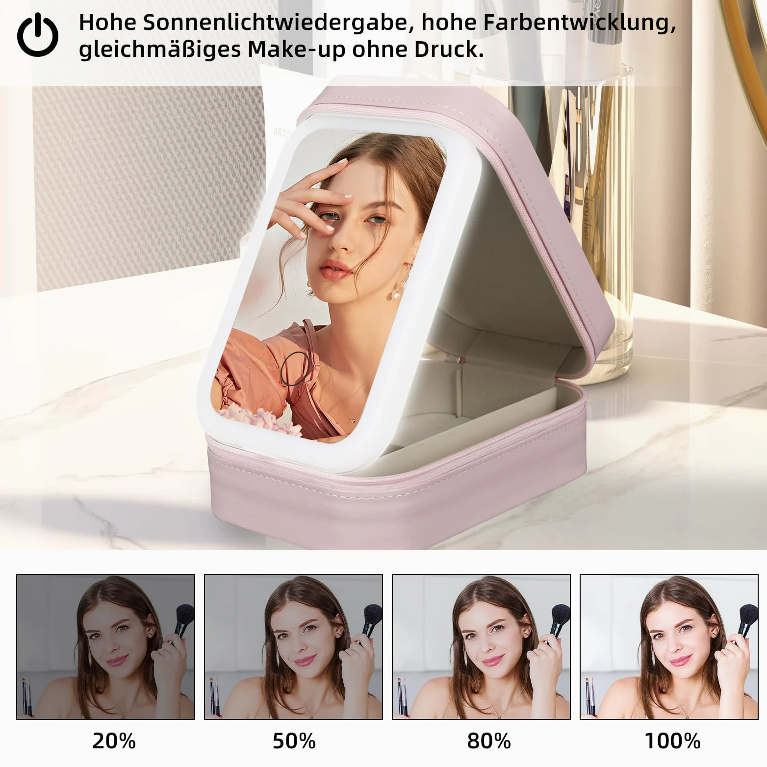 Kosmetyczka z podświetlanym lustrem, torba do makijażu z lustrem - 3 kolory światła LED, podróżna walizka kosmetyczna organizer, przenośna walizka do makijażu z przegródkami, Rosa