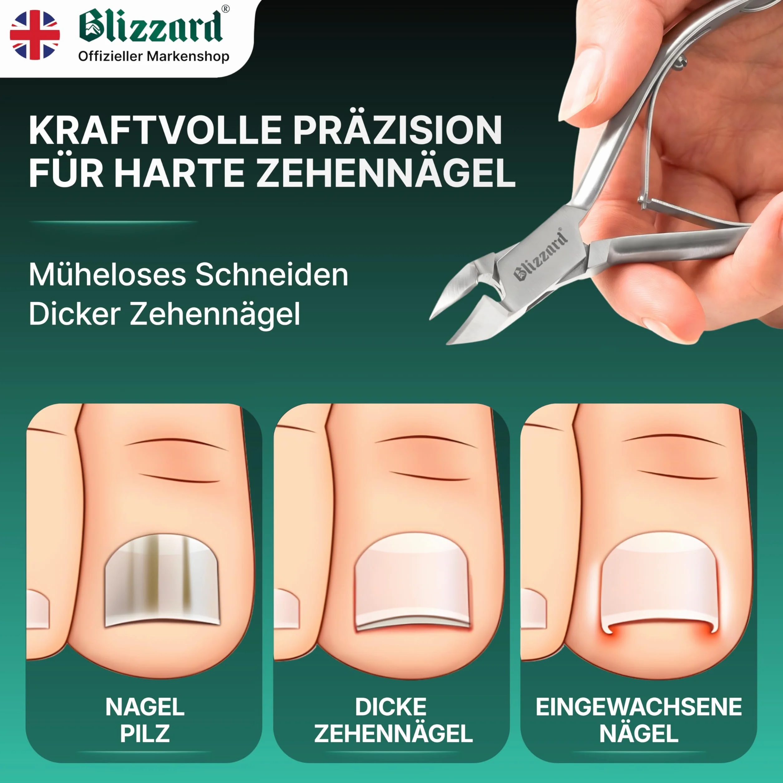 Obcinacze do Paznokci dla Mężczyzn z Grubymi lub Wrastającymi Paznokciami - Blizzard Cążek Wyrób Niemiecki - 14 cm, Duża Wytrzymałość - Ostrze Półksiężyc Gładkie Rączki - Klasa Szpitalna