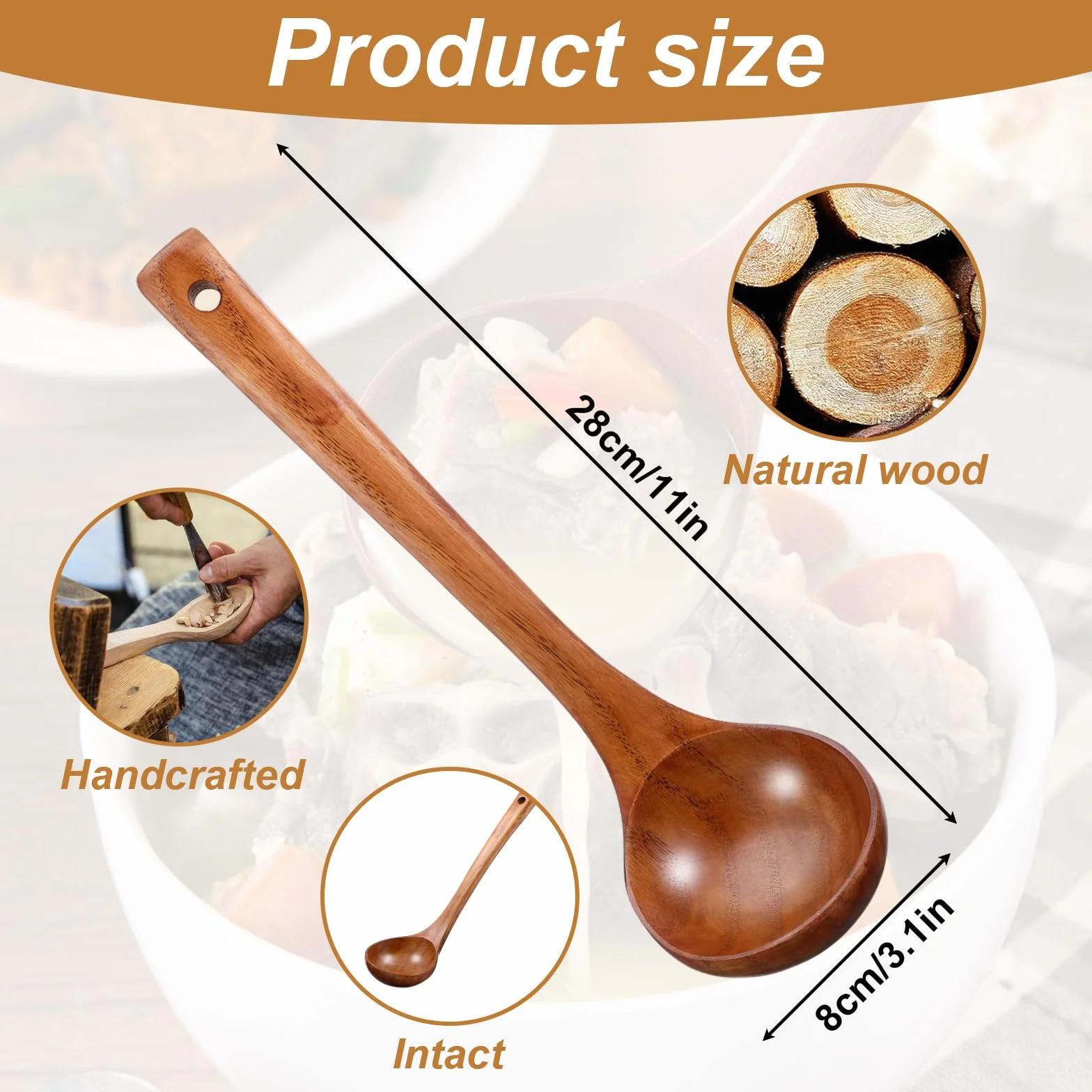 Chochla z drewna, uchwyt o długości 28 cm, duża łyżka kuchenna z drewna, naturalne drewno, naturalna tekstura, drewniana łyżka, łyżka do zupy