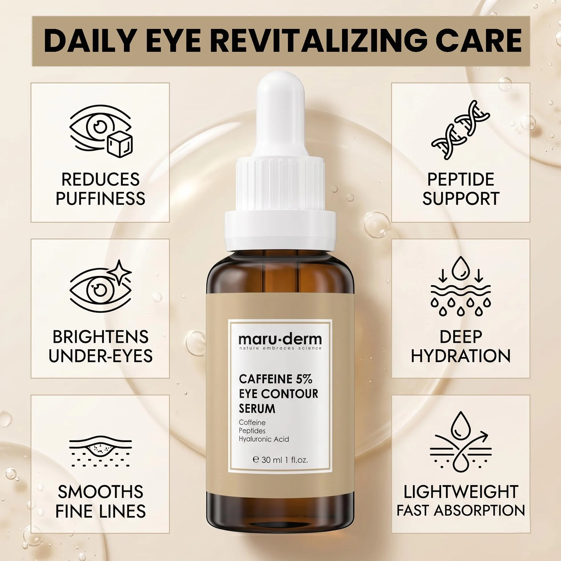 Maruderm Serum pod Oczy z Kofeiną 5% i Peptydami - Pomaga Zmniejszyć Cienie i Opuchnięcia, Długotrwałe Nawilżenie, Delikatna Skóra Okolic Oczu, 30 ML