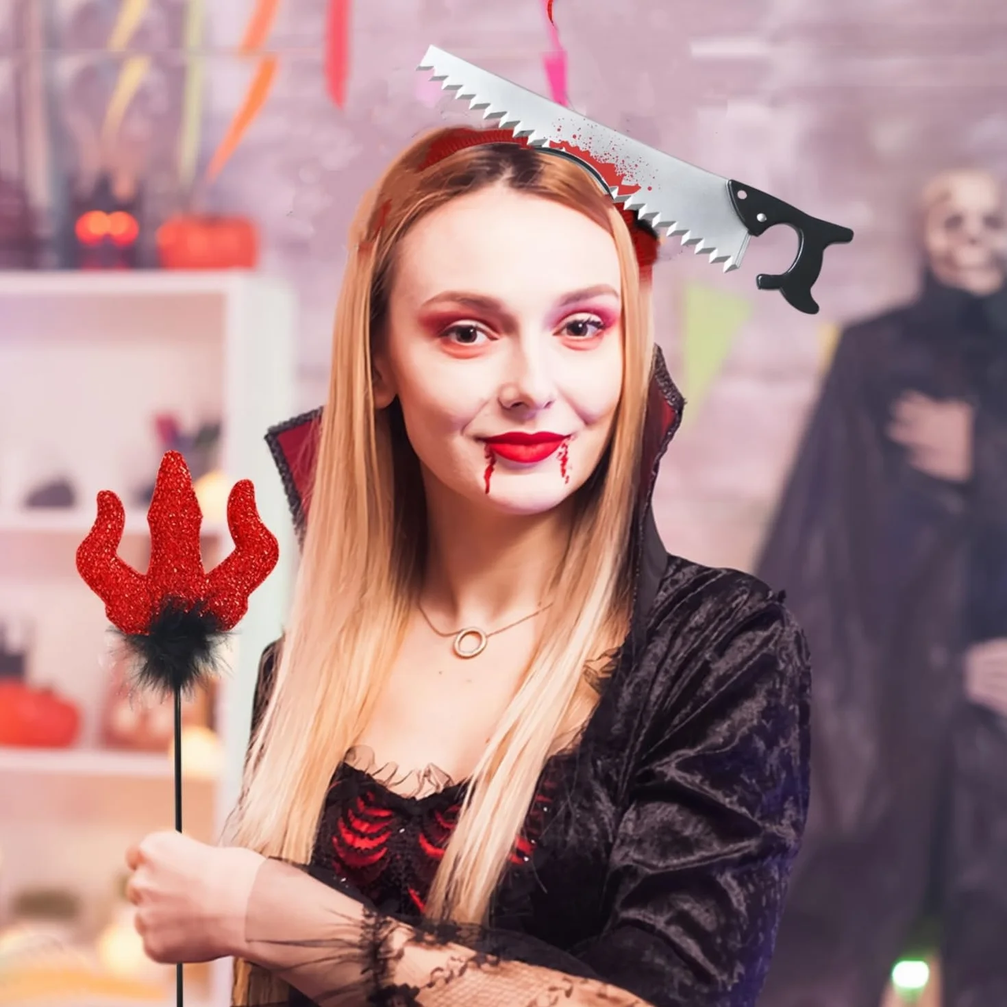 SEMINISMAR Noże na Halloween, 4 sztuki, opaska na włosy, horror, Halloween, krwawe nożyczki, dla mężczyzn, kobiet, nastolatków, na karnawał