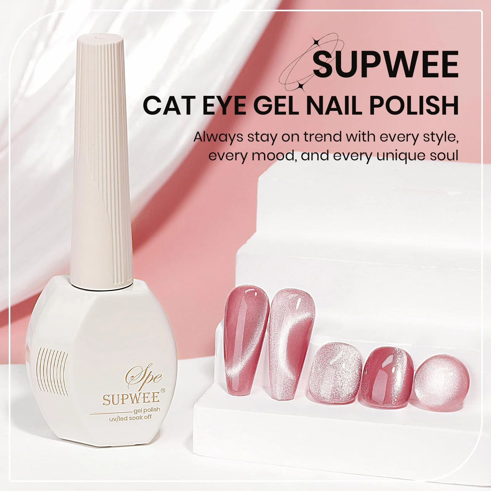 SUPWEE Cat Eye lakier żelowy UV do paznokci z magnesem, 15 ml, brokatowy Cat Eye żel różowy, magnetyczny lakier do paznokci, holograficzny kocie oko, lakier do paznokci, zmywalny, Nail Art Manicure
