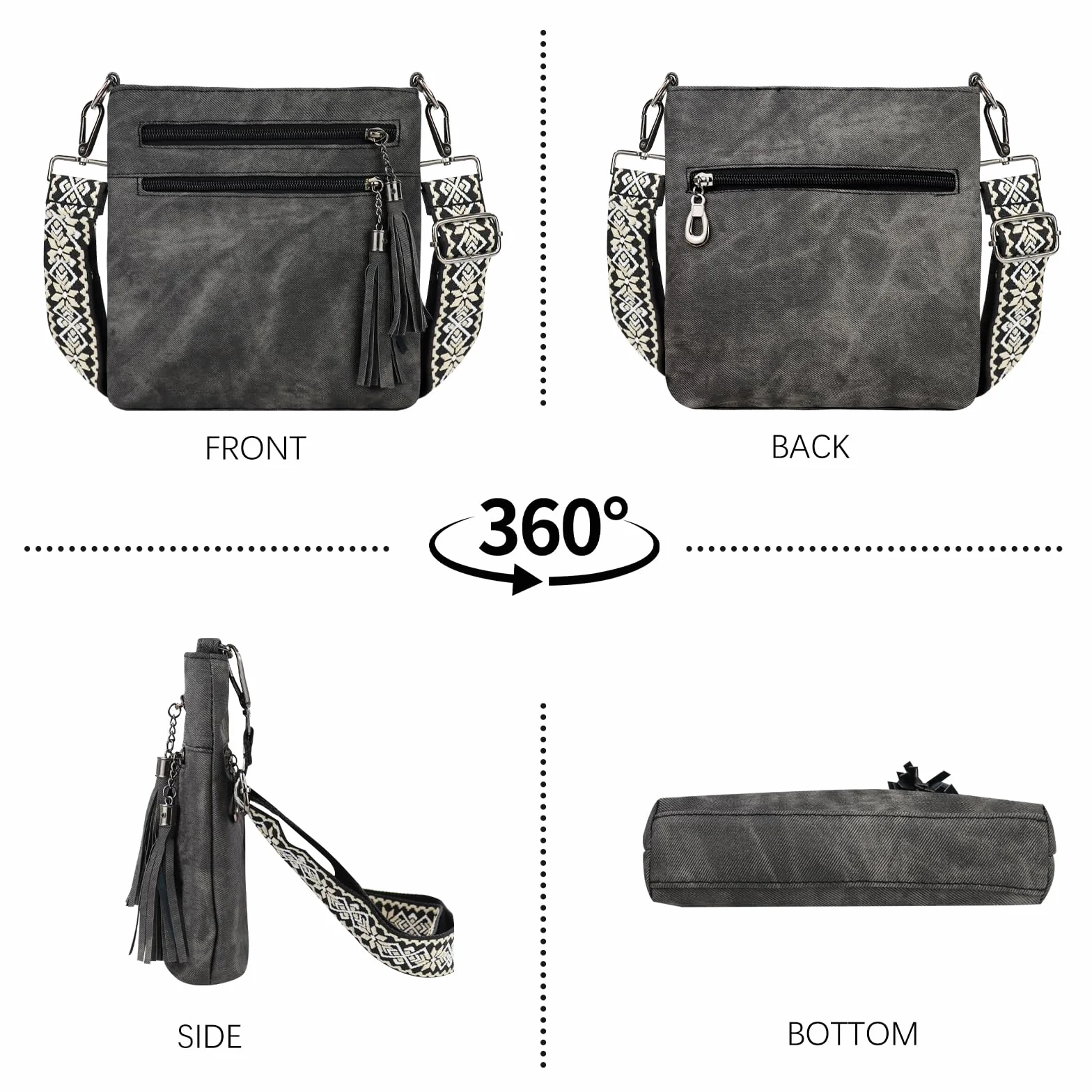 AfitLulu 4 kieszenie Crossbody Bag damska torba na ramię z zamkiem błyskawicznym z frędzlami, modna damska torba na ramię ze sztucznej skóry, z odpinanymi i regulowanymi paskami na ramiona