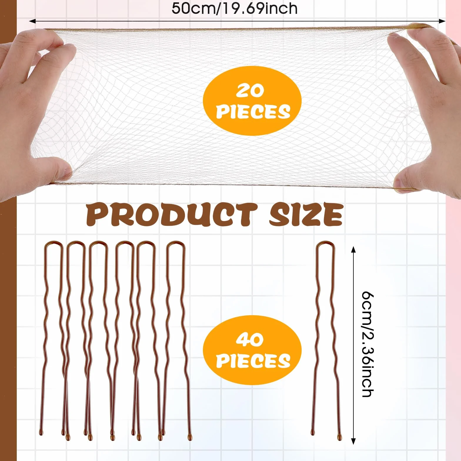 Abeillo Baletowa siatka do włosów Dance Dun Nets, 20 szt. 50 cm, indywidualne opakowanie, niewidoczne siatki do włosów i 40 szt. zestaw spinek do włosów w kształcie litery U dla kobiet, dziewcząt,