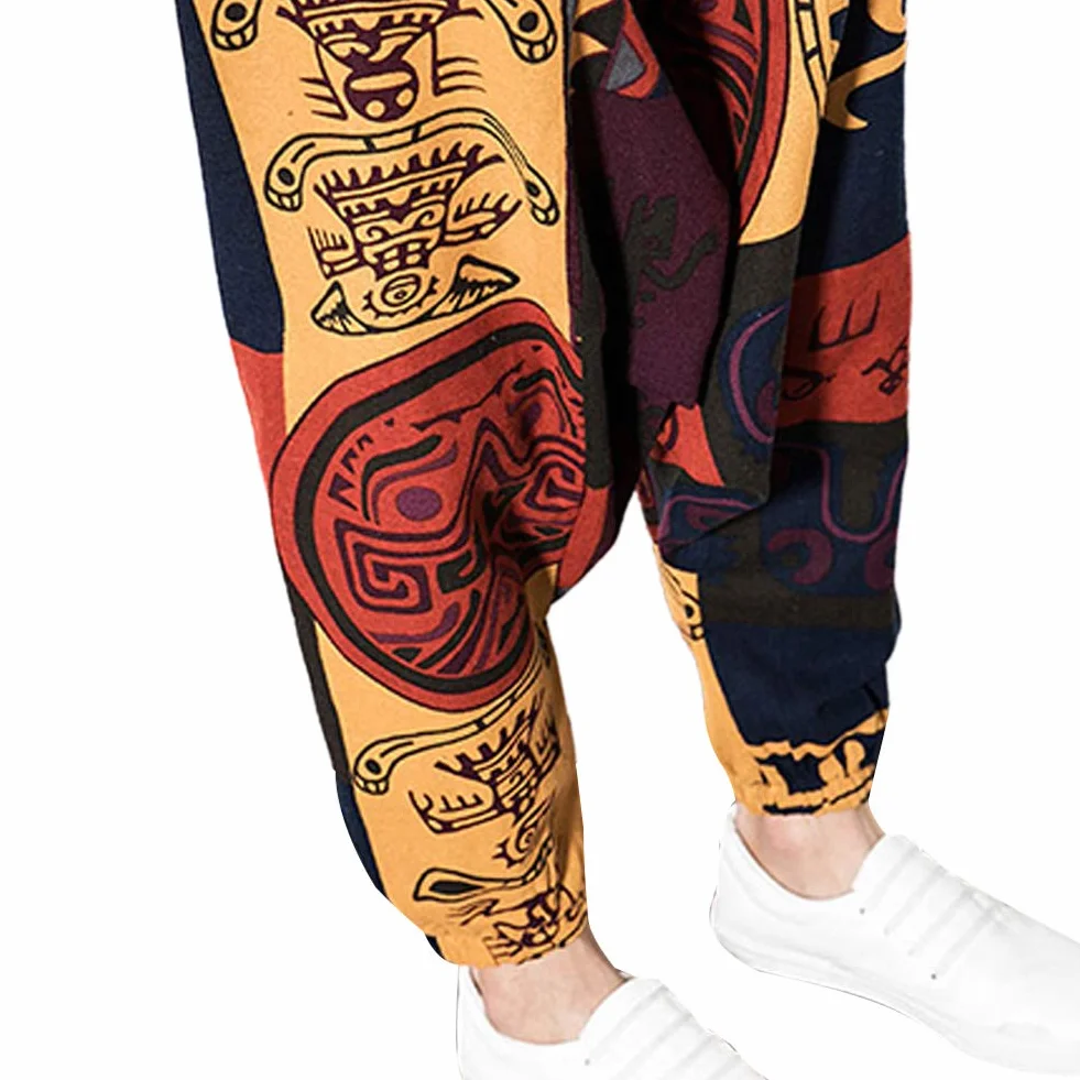 Męskie luźne spodnie hip-hopowe bawełniane lniane Harem Aladdin Yoga Casual Bohemia Bloomers spodnie z nadrukiem z kieszeniami