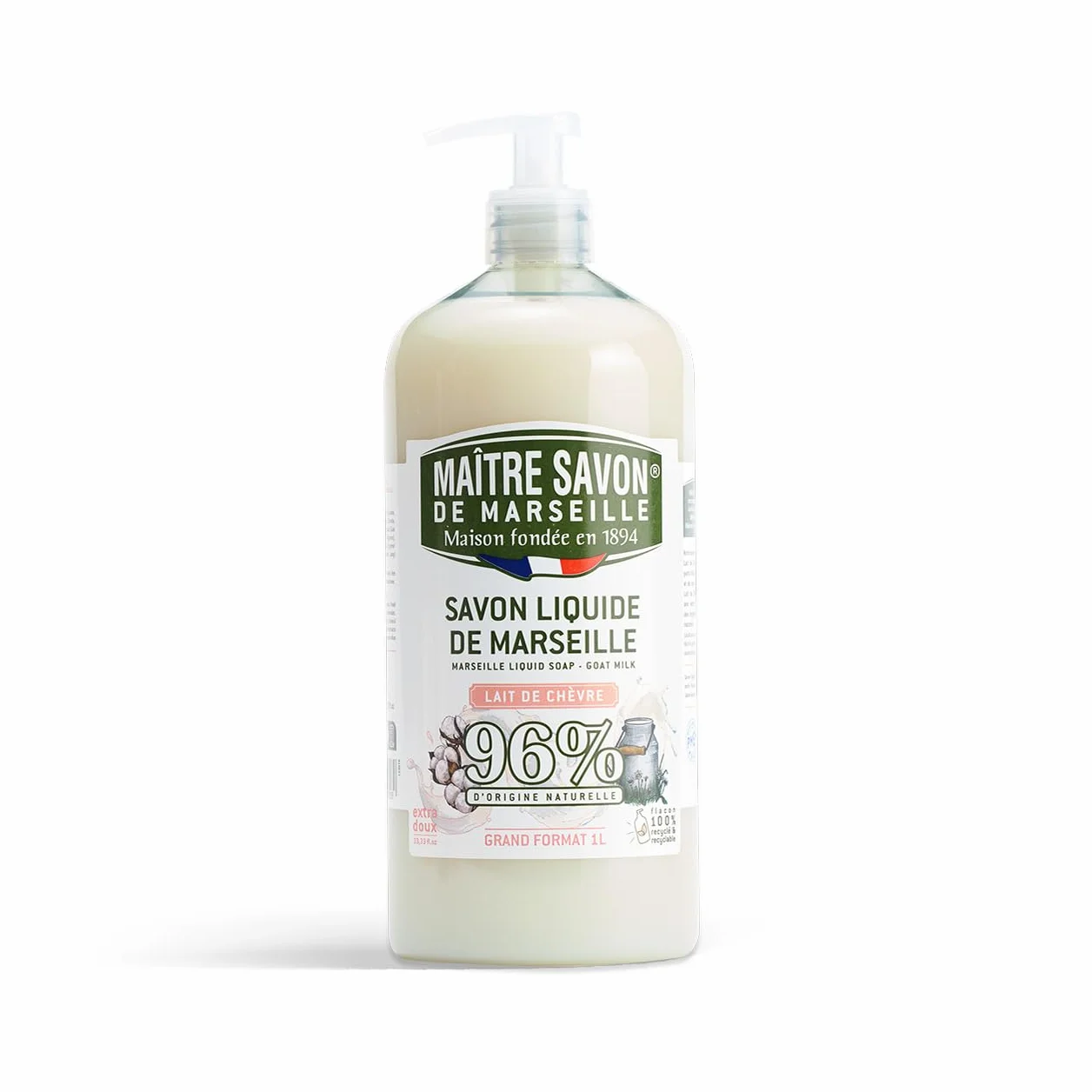Mistrz Mydło marsylia - Mydło marsylia w płynie Mleko kozie - 1L - 96% pochodzenia naturalnego