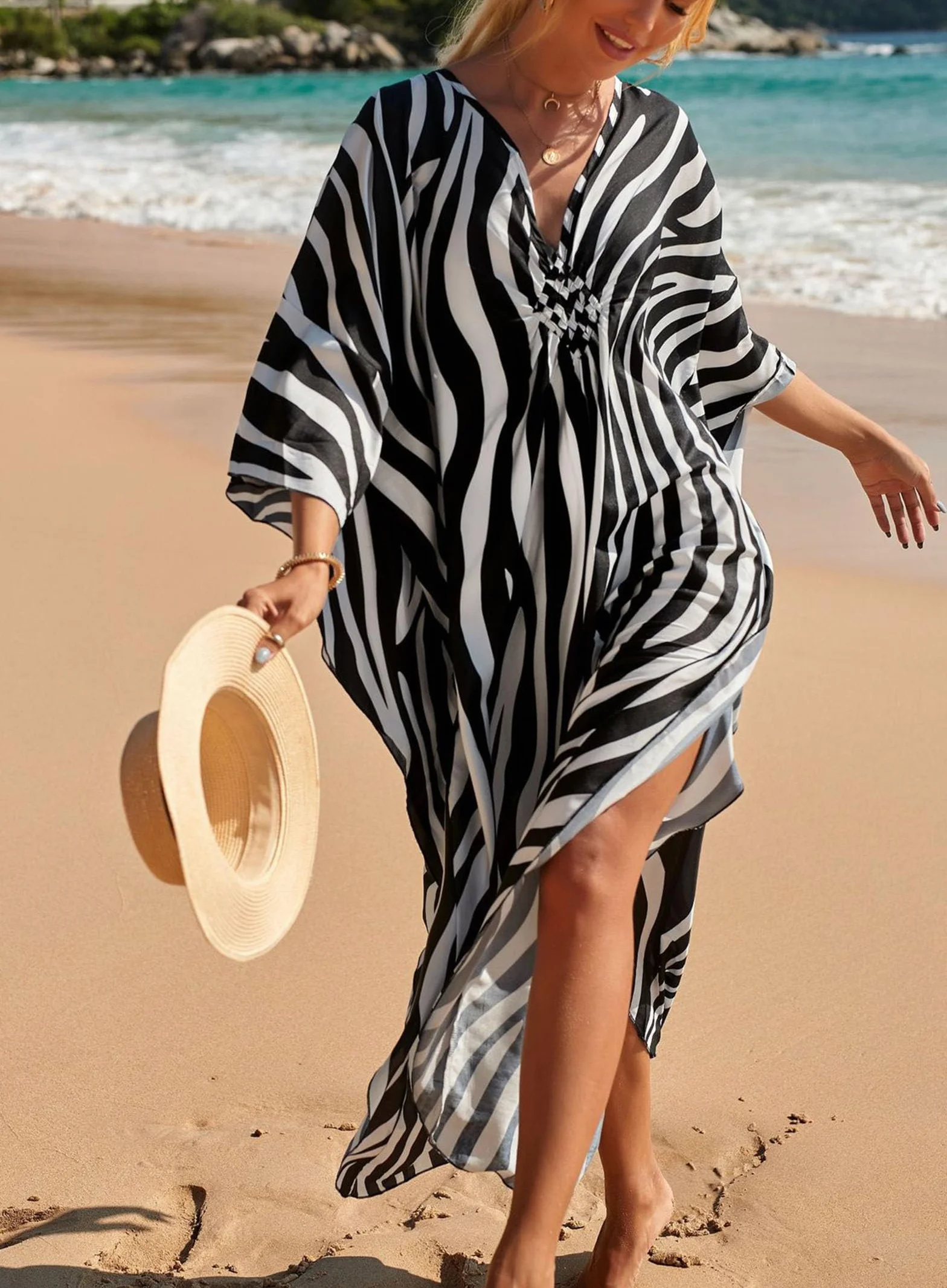 Baynetin Damska sukienka plażowa, maxi, długa sukienka plażowa w stylu boho, ponczo plażowe, kaftan, odzież plażowa, luźna, bielizna nocna, okrycie bikini, rozmiar uniwersalny