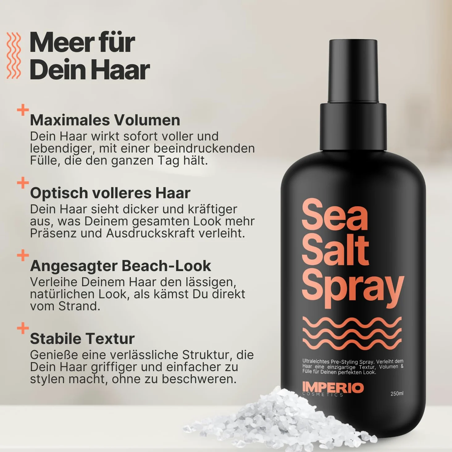 IMPERIO Sea Salt Spray - 250 ml Premium Salt Spray dla większej objętości i stabilnej tekstury - idealne fale na plaży, więcej objętości i uchwytu dzięki mocy oceanu - unisex - zapach