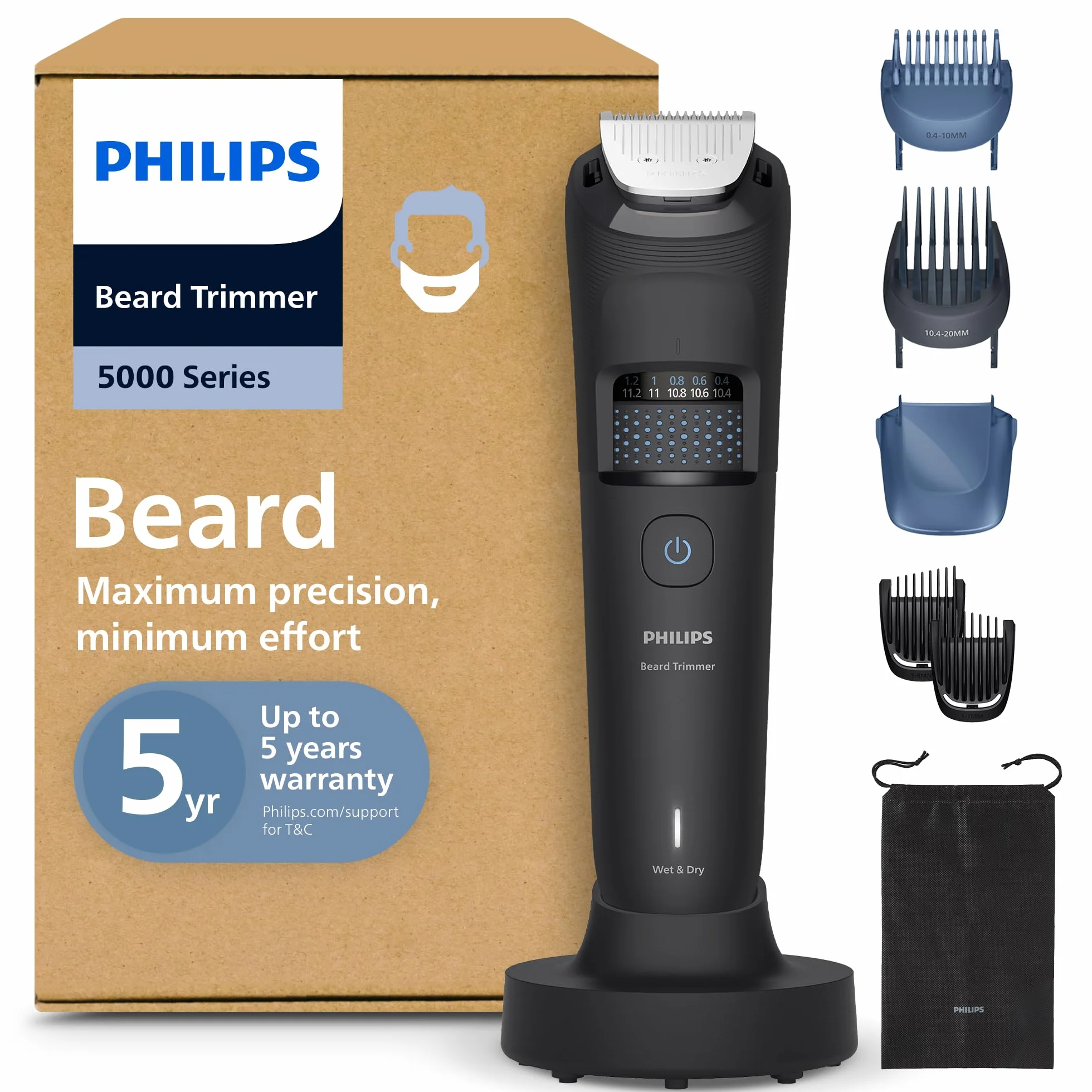 Philips Trymer do brody Seria 5000 BT5785/30, samoostrzące się metalowe ostrza, 40 ustawień, wodoodporny