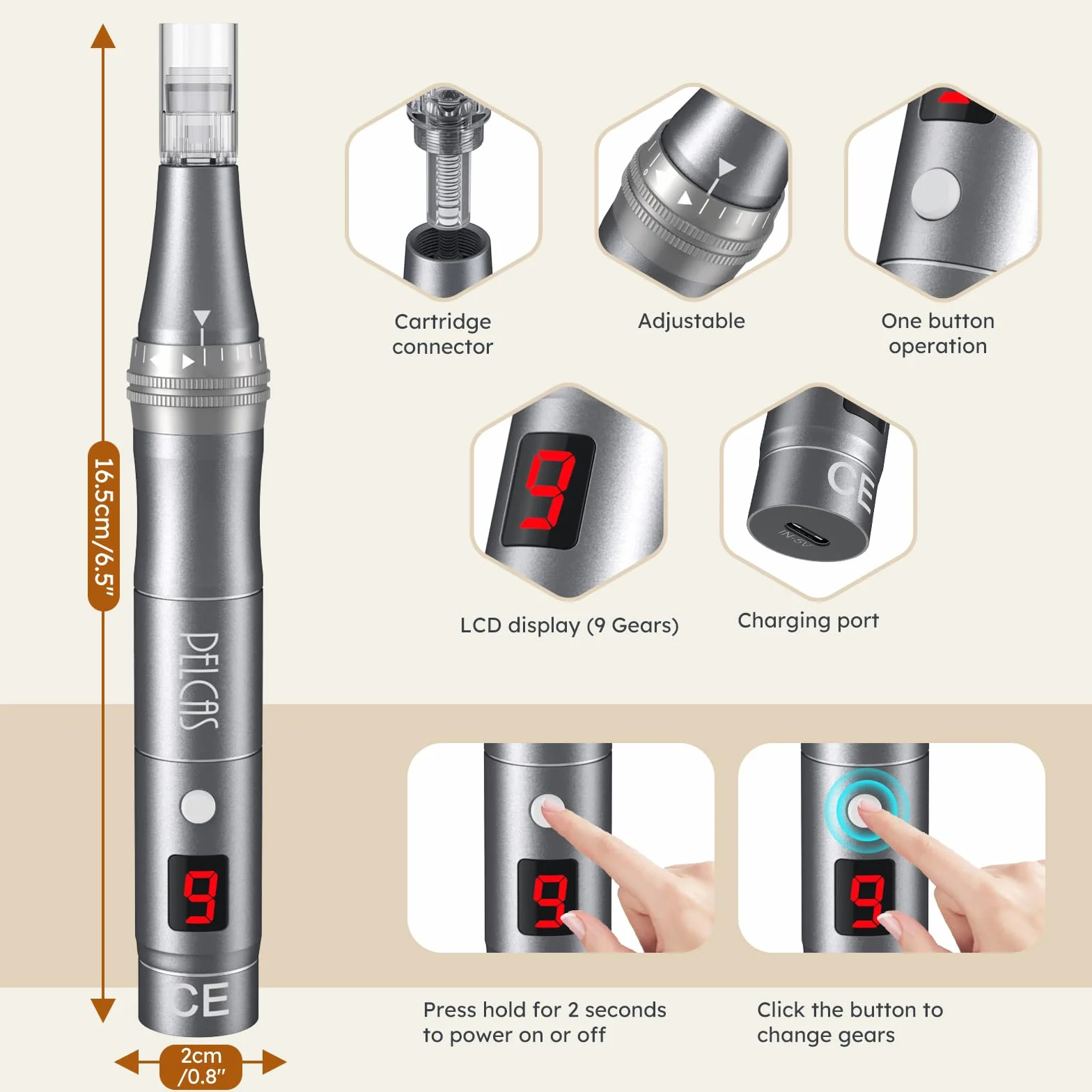 PELCAS 9-biegowy Beauty pen z wyświetlaczem LCD Beauty pen z 12 wkładami typu C z akumulatorowym Beauty pen -czarny