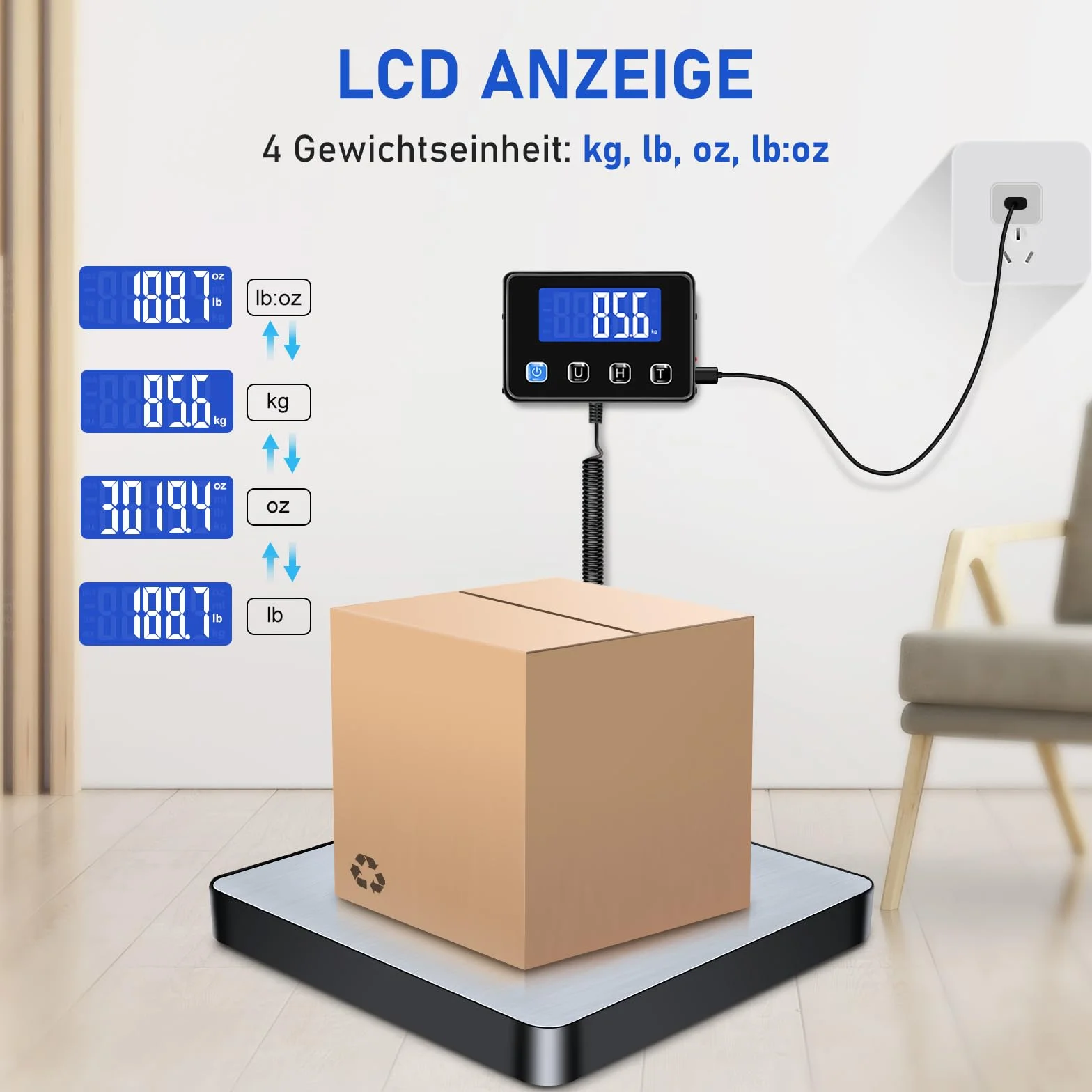 Waga paczkowa, 200 kg/10 g, precyzyjna cyfrowa waga platformowa z funkcją trzymania/tary, waga pocztowa z zamontowanym na ścianie wyświetlaczem LCD do paczek/magazynów/bagażu