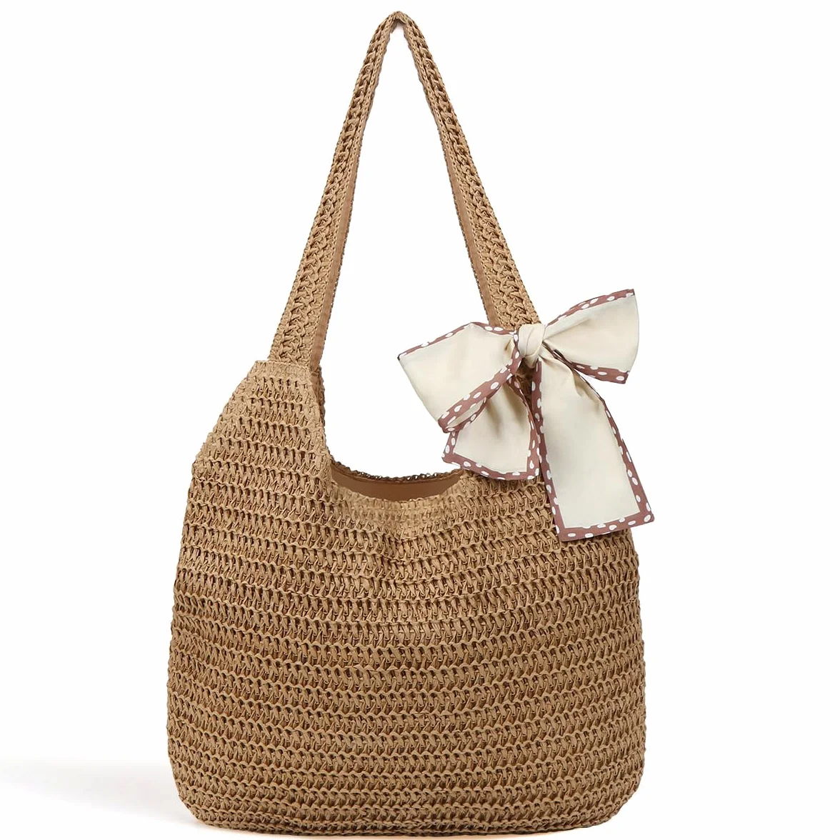 Damska torba plażowa, pleciona torba w stylu boho, szydełkowana torba letnia, torba plażowa, szydełkowana, torebka słomkowa, damska letnia torba na ramię, na urlop, podróż, plażę, lato i na co dzień