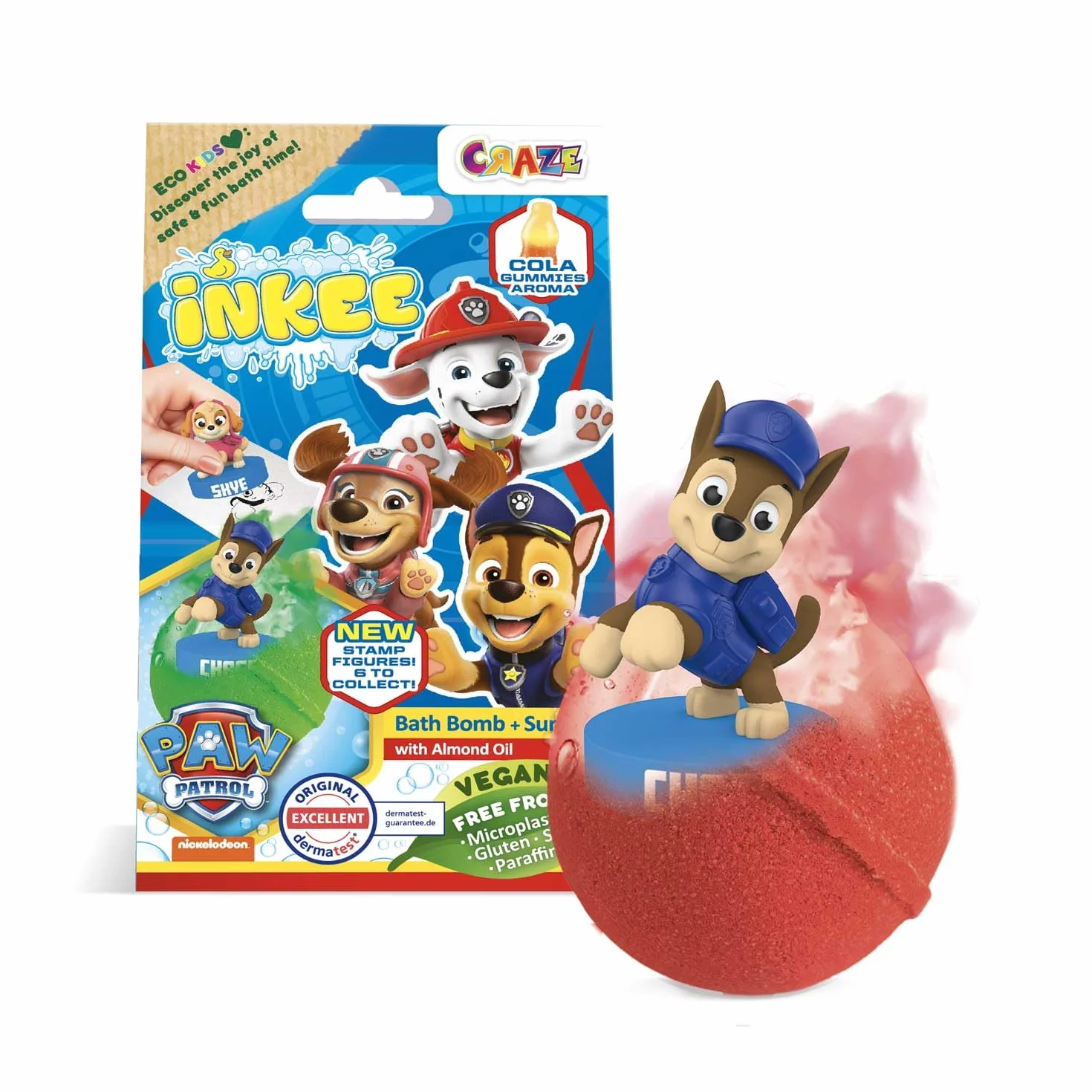 INKEE Psi Patrol Zestaw 3 Bomb Kąpielowych z Figurkami Paw Patrol, Musujące Kule dla Dzieci z Niespodzianką, Zapach Gumy Coli, 3szt