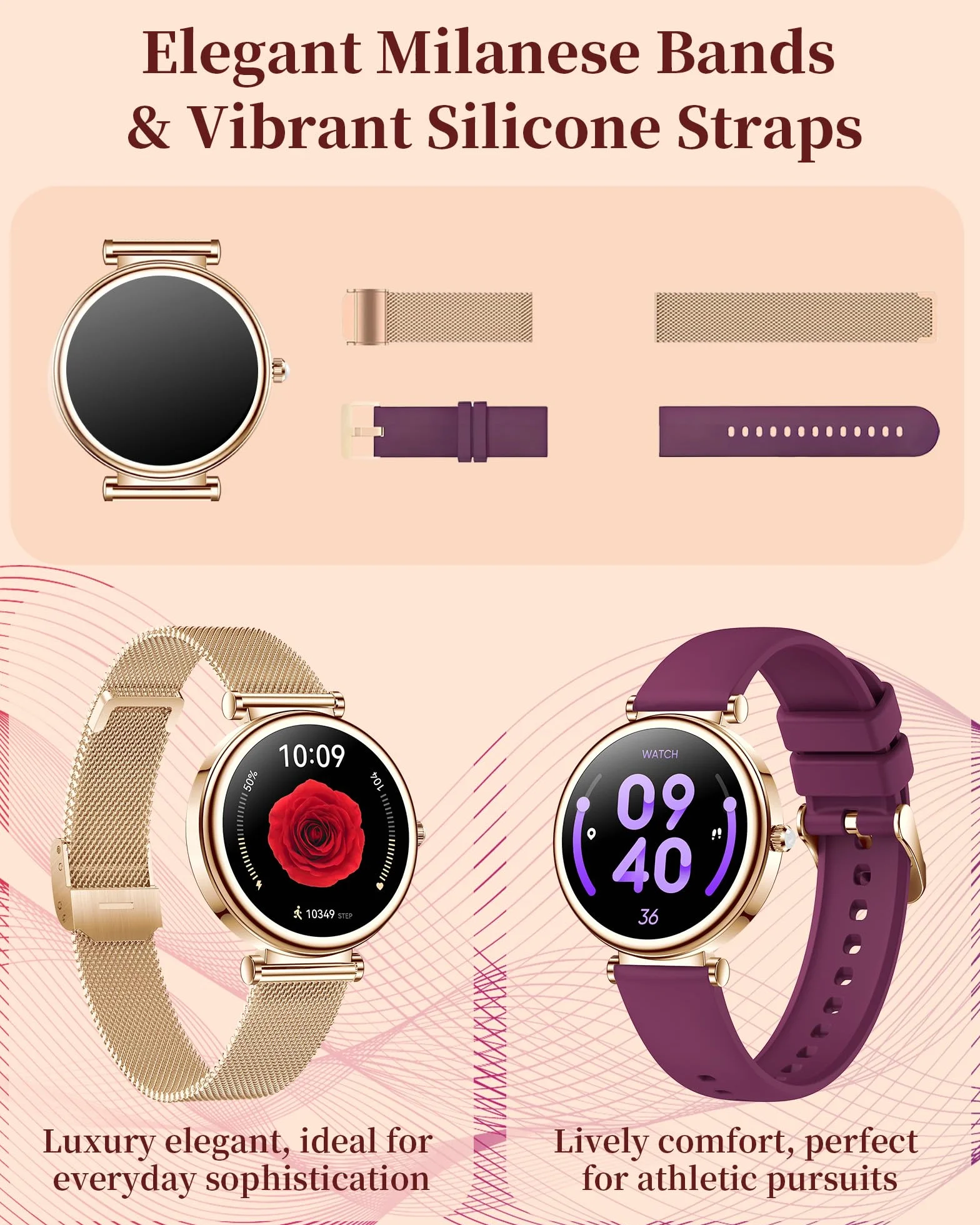 Smartwatch dla kobiet, Fitness Tracker z funkcją telefonu, wodoodporny IP68 1,3-calowy HD ekran dotykowy, z pulsometrem, pomiarem ciśnienia krwi, monitorowaniem snu, zegarek sportowy