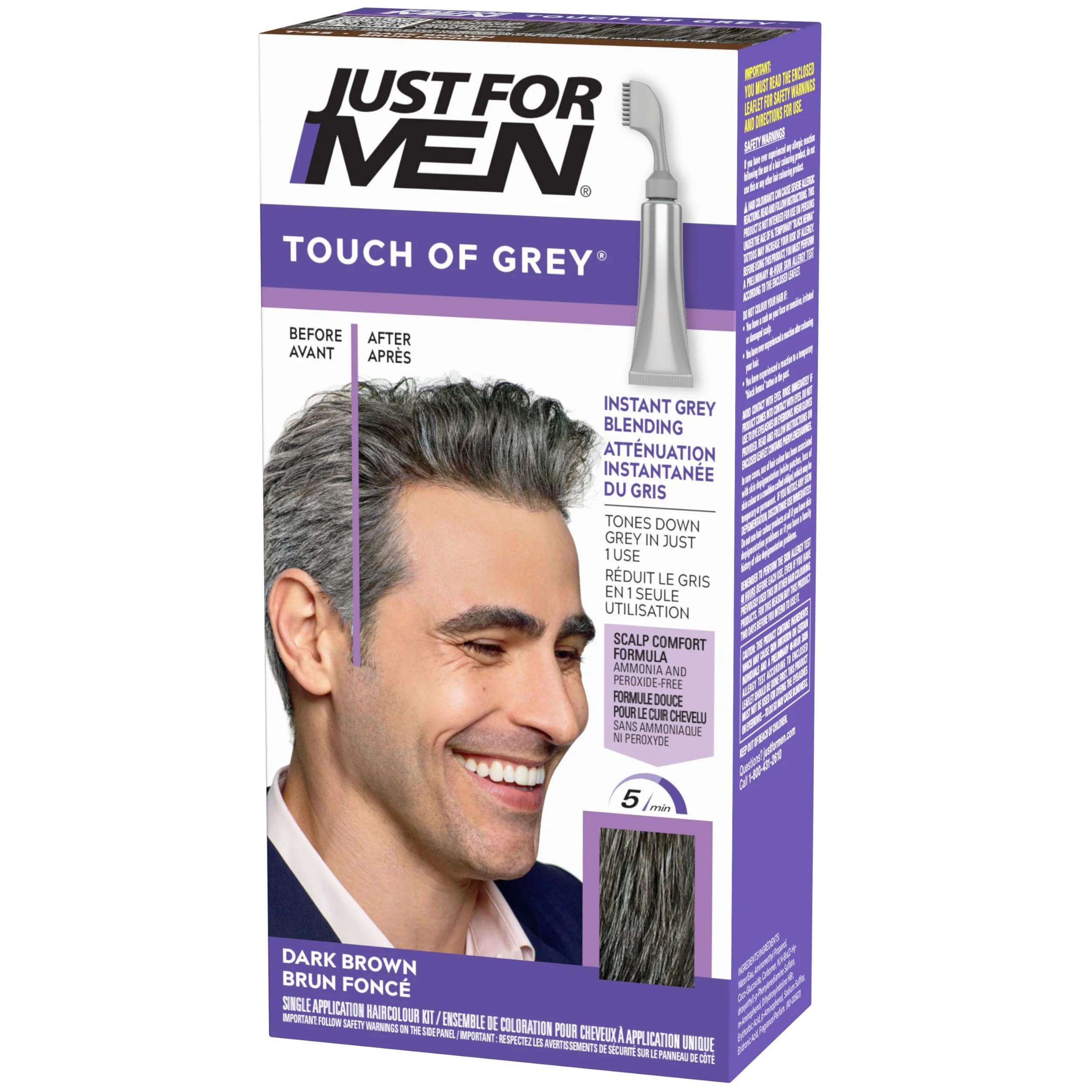 Just For Men Touch of Gray, siwe włosy farbujące dla mężczyzn, naturalny efekt brylantu, delikatna formuła bez amoniaku, kolor brązowy-T45