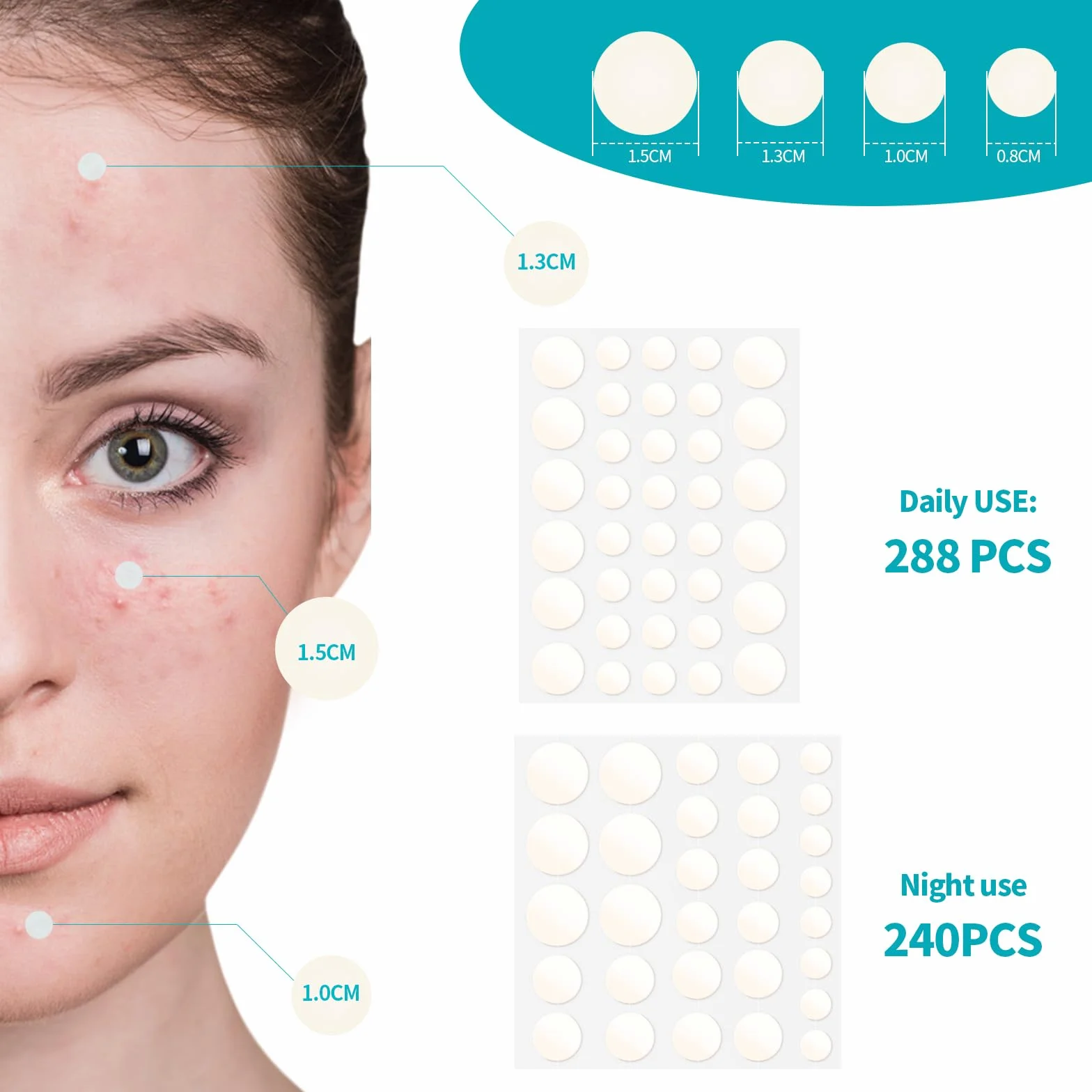 Pimple Patches 528 pièces, Hydrocolloïde Acné Patch, Invisible Naturel Patch Bouton, Utilisation de Jour et de Nuit, 2 en 1, Avec Huile De Tea Tree Et Acide Salicylique 4 tailles (8/10/13/15 mm)