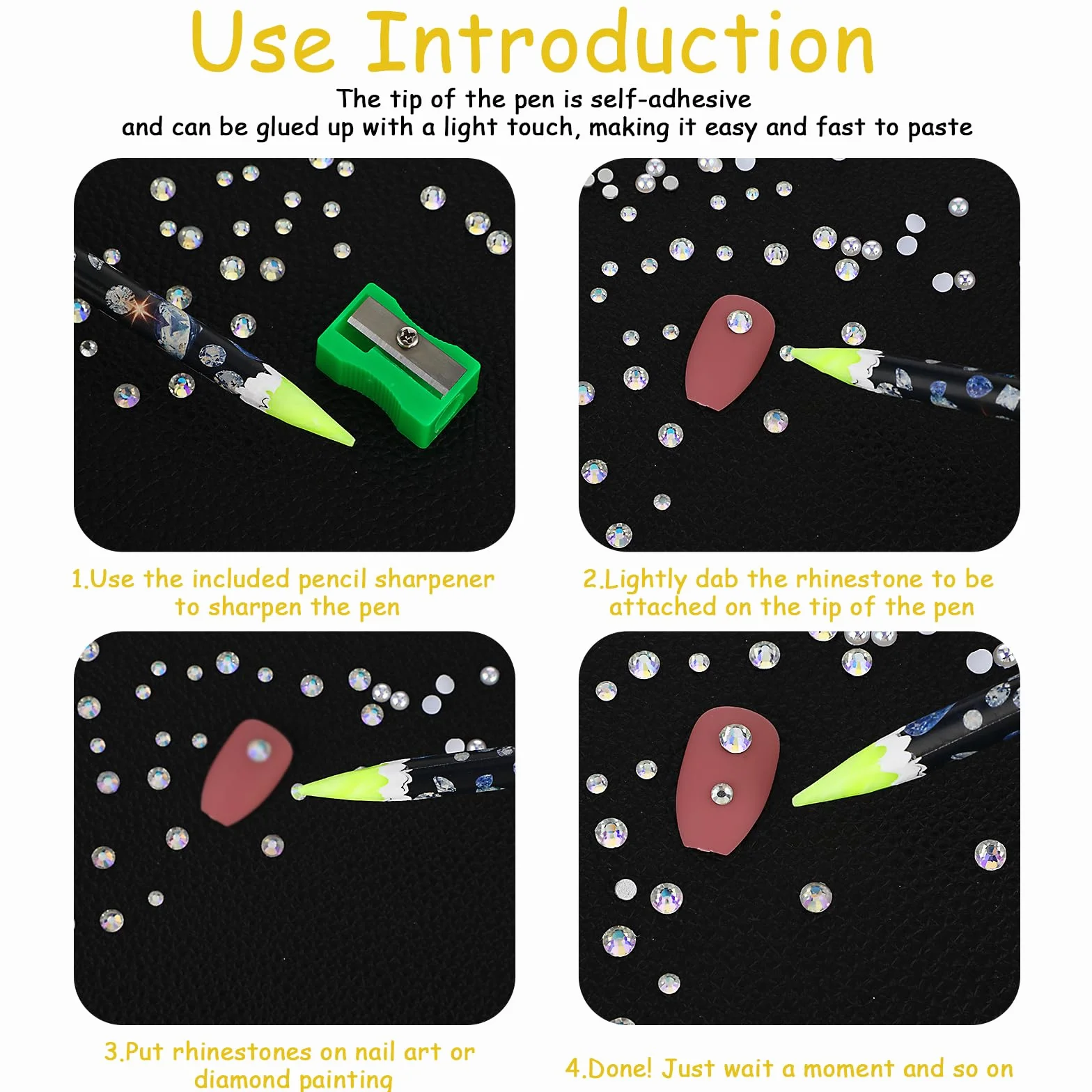 4 szt. Nail Point Diamond Drill Pen, Mabor Self Adhesive Resin Rhinestones Pen Picker Pencil with Pencil Sharpener Gem Pick up Tools for Girls Women Nail DIY Decoration