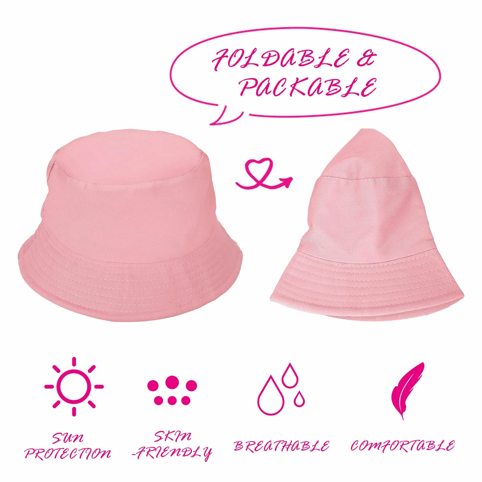 Sibba Kapelusz typu bucket letni rybak osłona przeciwsłoneczna czapki unisex pakowalne czapki dla kobiet mężczyzn wakacje wędrówki kemping zakupy 56-58 cm jednokolorowe kolory, Jasnoróżowy, M