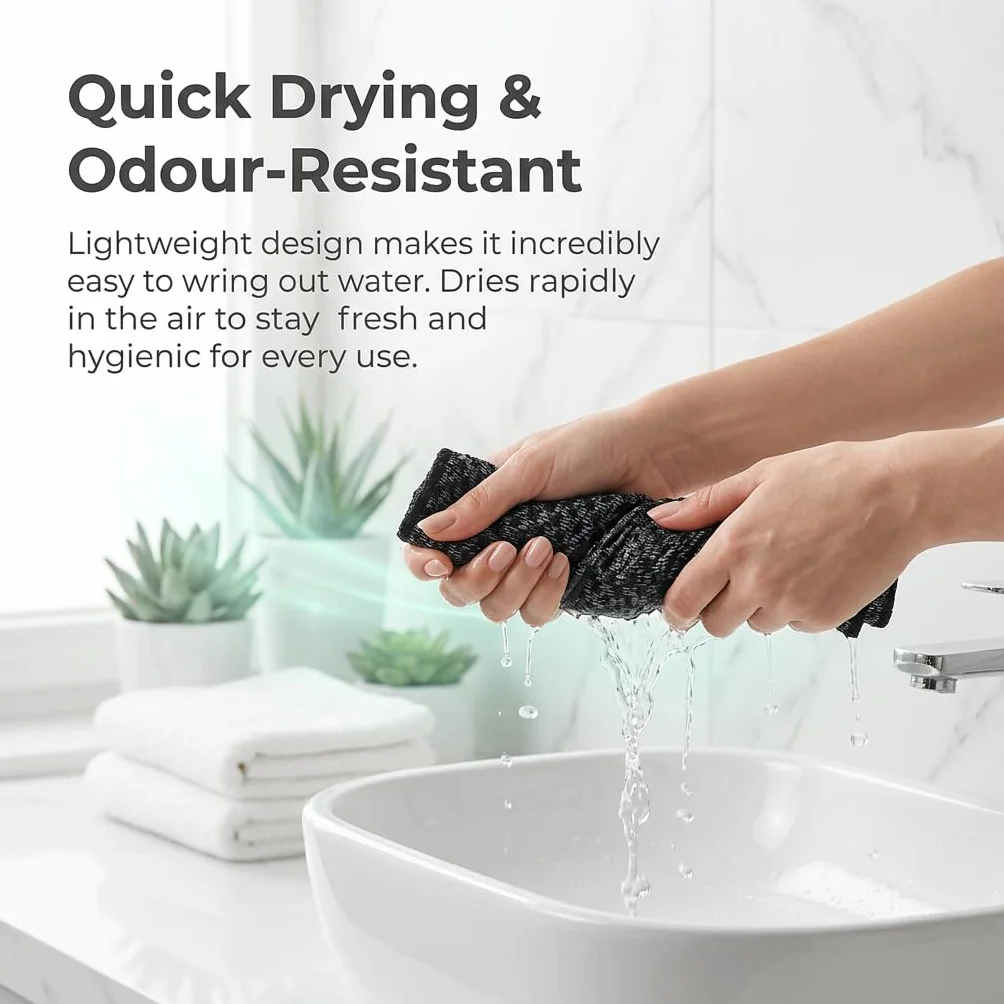 Exfoliating Antibacterial Shower Towel, bardzo długa myjka peelingowa dla mężczyzn i kobiet, głęboko oczyszczający pas do mycia pleców do delikatnego peelingu ciała, czarny