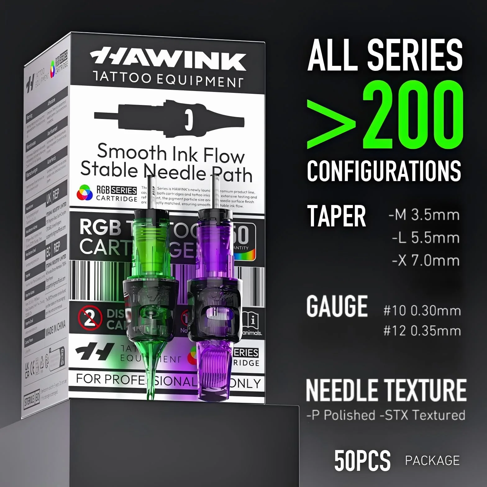 HAWINK Zestaw do tatuażu igły 50 szt. Jednorazowy #12 Standardowa Okrągła Liner/Shader/Magnum 3RL 5RL 7RL 3RS 5RS 7RM 9R 11RM 13RM 15RM Średnica 0,35 mm Profesjonalne akcesoria do tatuaży Zestaw
