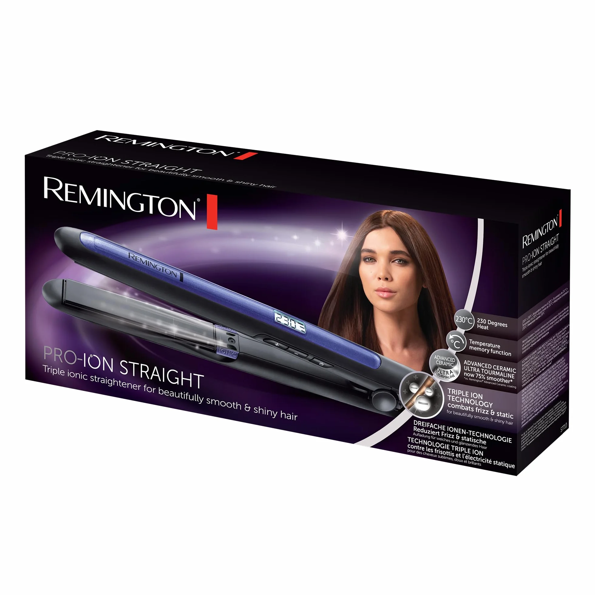 Remington prostownica do włosów z jonizacją (3x), powłoka ceramiczno-turmalinowa, zakres temp. 150-230°C, ruchome płytki, szybkie nagrzewanie, obrotow przewód, etui, fioletowa, Pro-Ion S7710