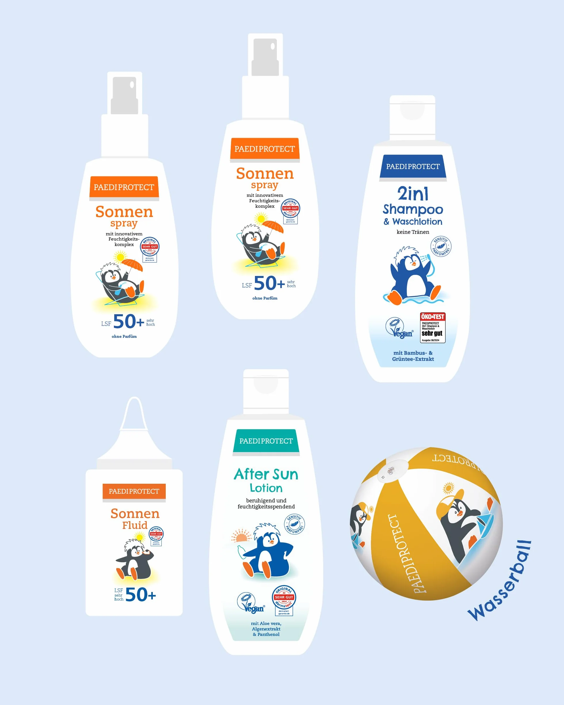 PAEDIPROTECT zestaw ochrony przeciwsłonecznej dla dzieci i niemowląt 2x krem do opalania 1x krem do twarzy 1x szampon 2w1 1x płyn do pielęgnacji 1x kula wodna