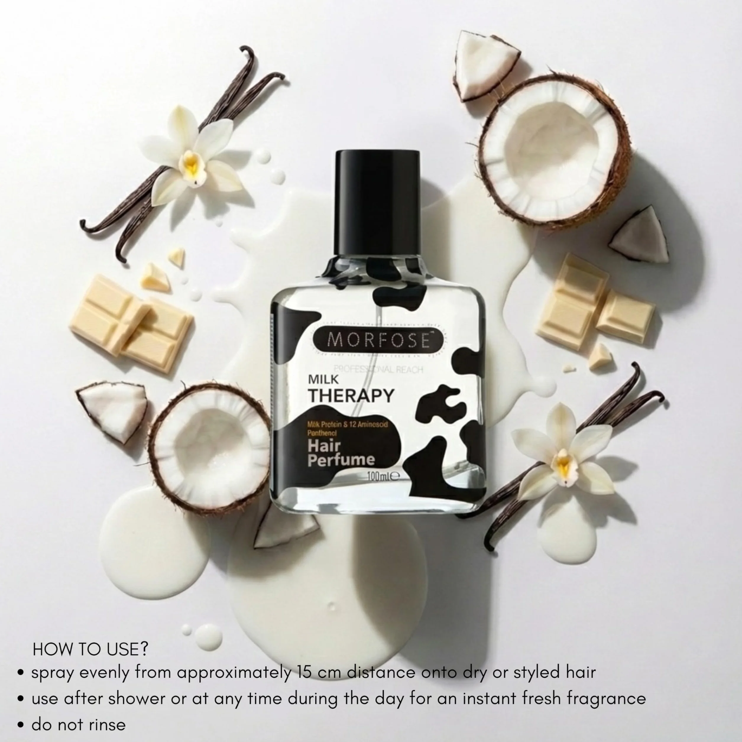 Morfose Milk Therapy perfumy do włosów 100 ml – perfumy do włosów bez alkoholu z białkiem mleka i 12 aminokwasami dla połysku i świeżości